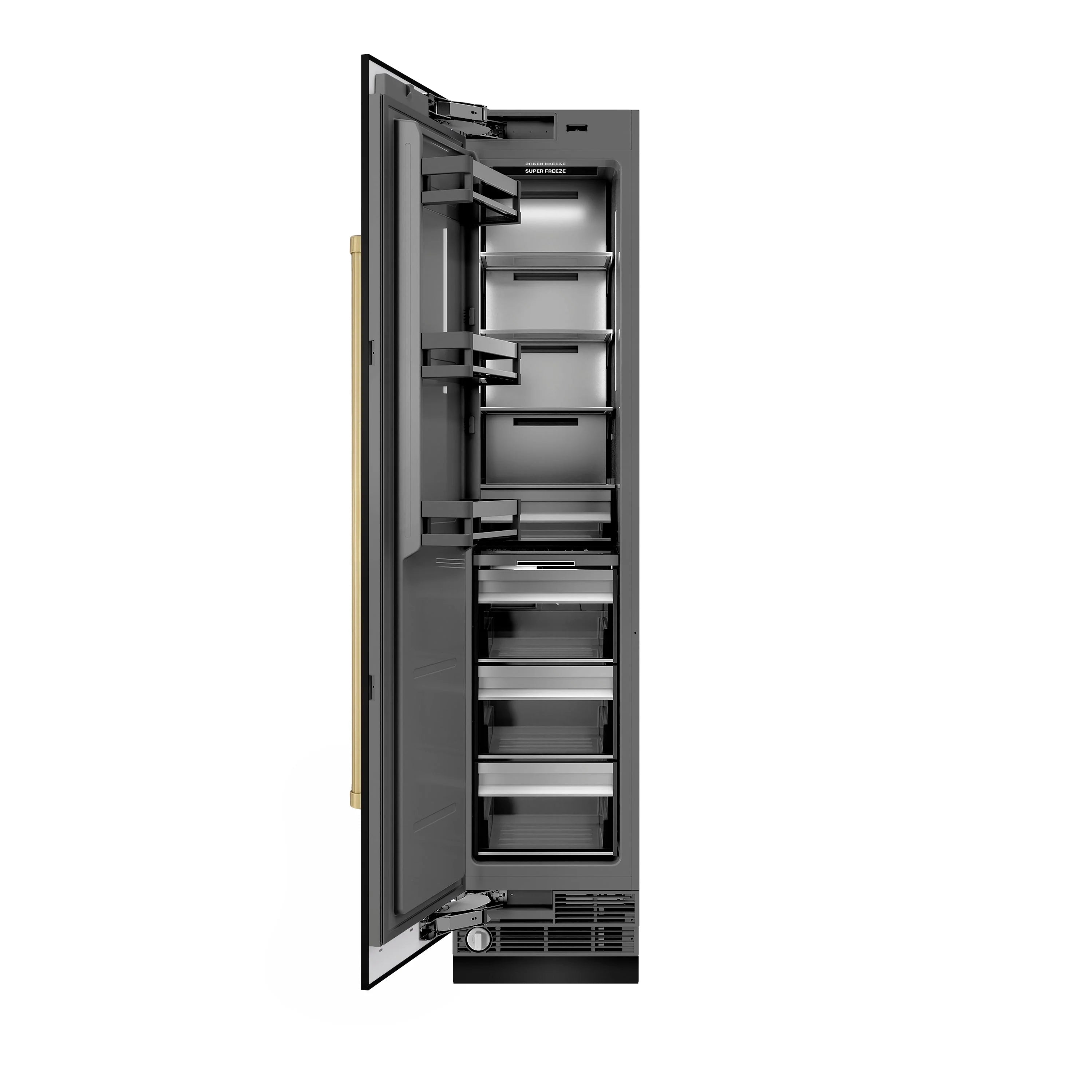 Left-hinged freezer open view with multiple racks and stainless interior compartments
