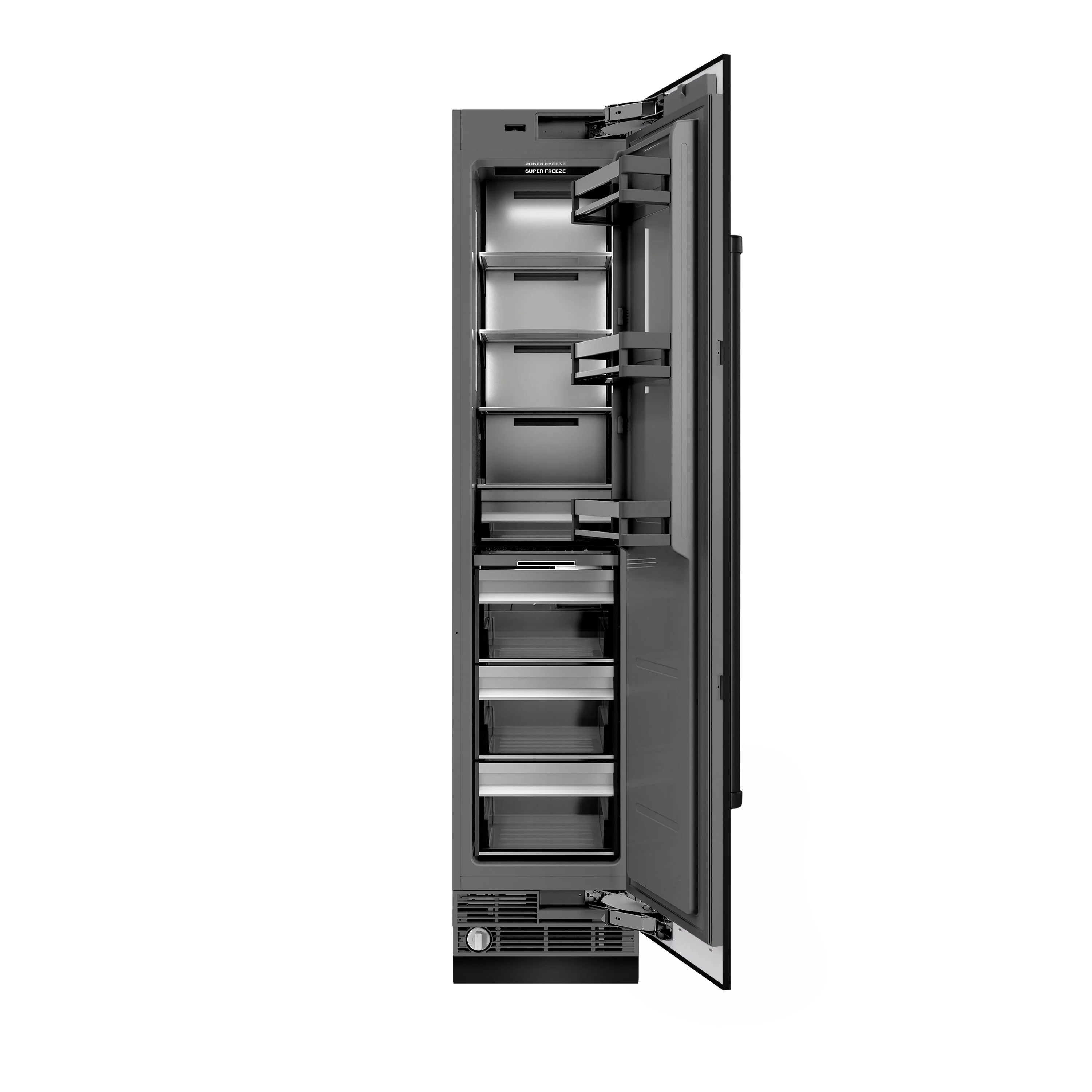 Open column freezer door showing internal shelves and storage drawers on left