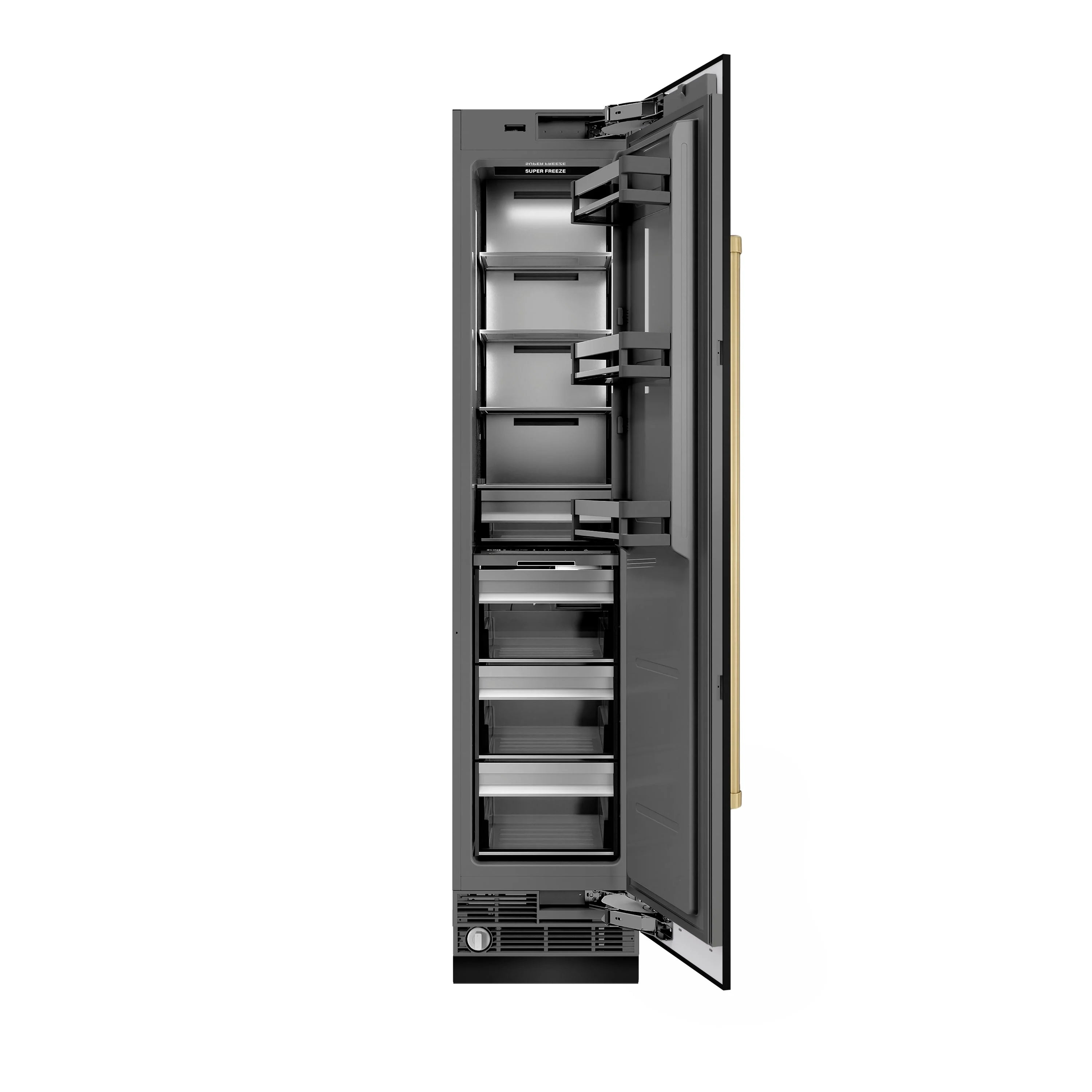 Black stainless column freezer with open right hinge door, graphite gray interior shelves