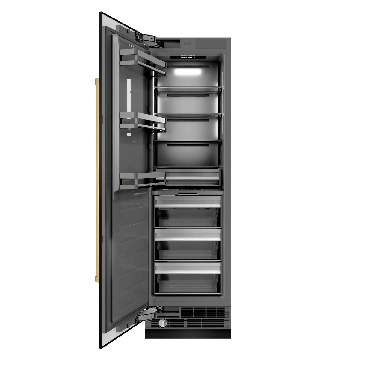 ZLINE column refrigerator-freezer with open door revealing interior shelves and drawers