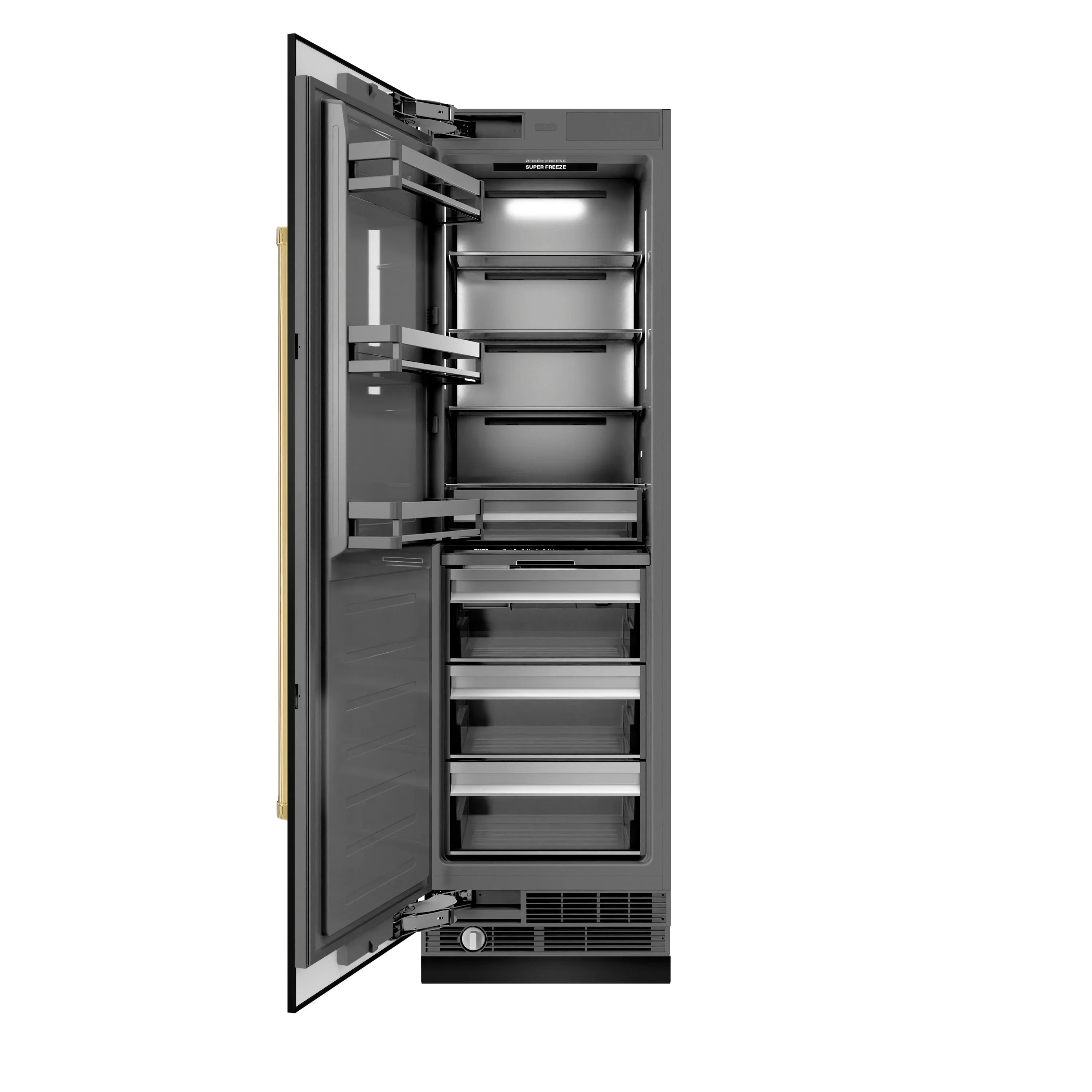 Black stainless refrigerator/freezer with open doors and interior shelves; gold accent bar