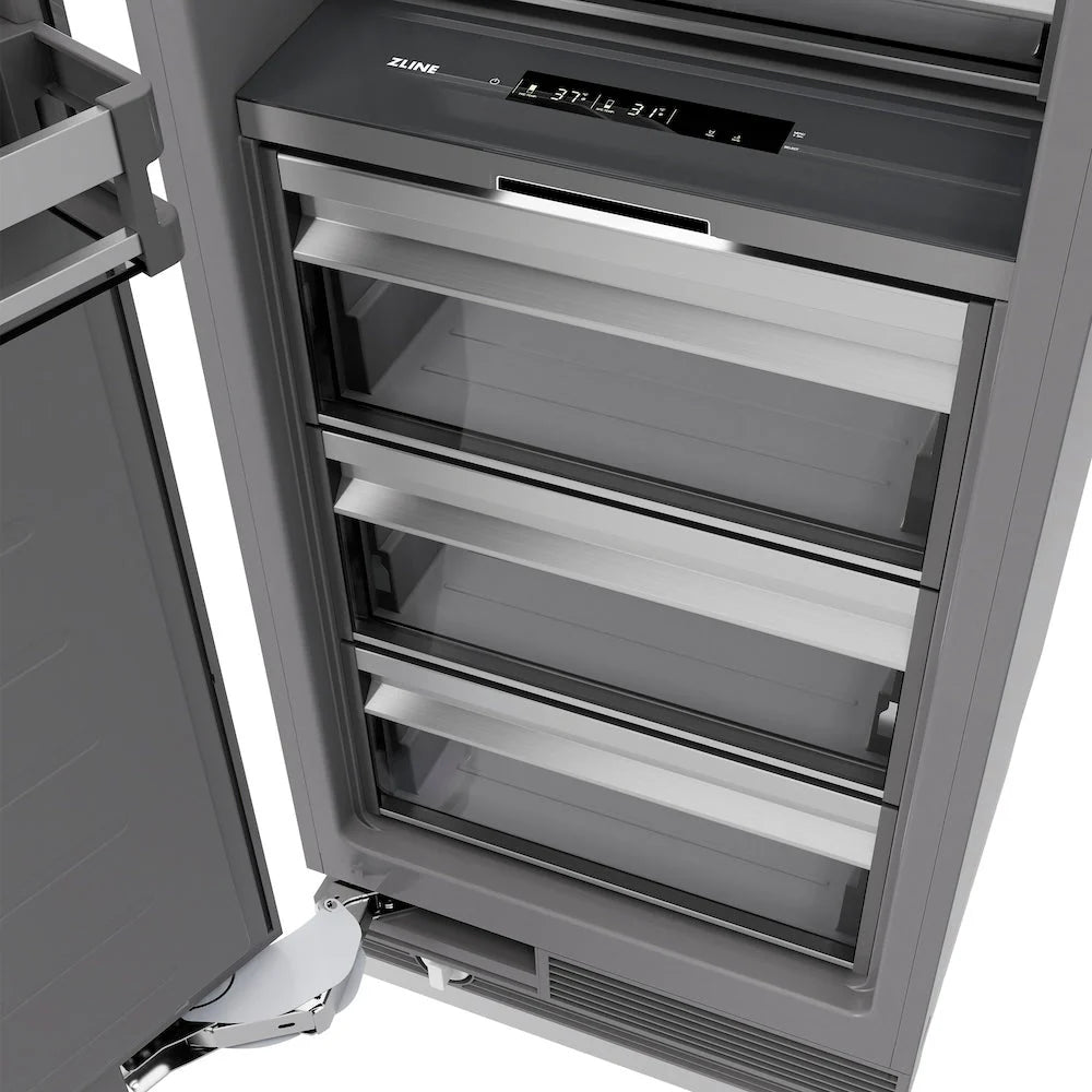 Black stainless column refrigerator with glass-front door and interior shelves