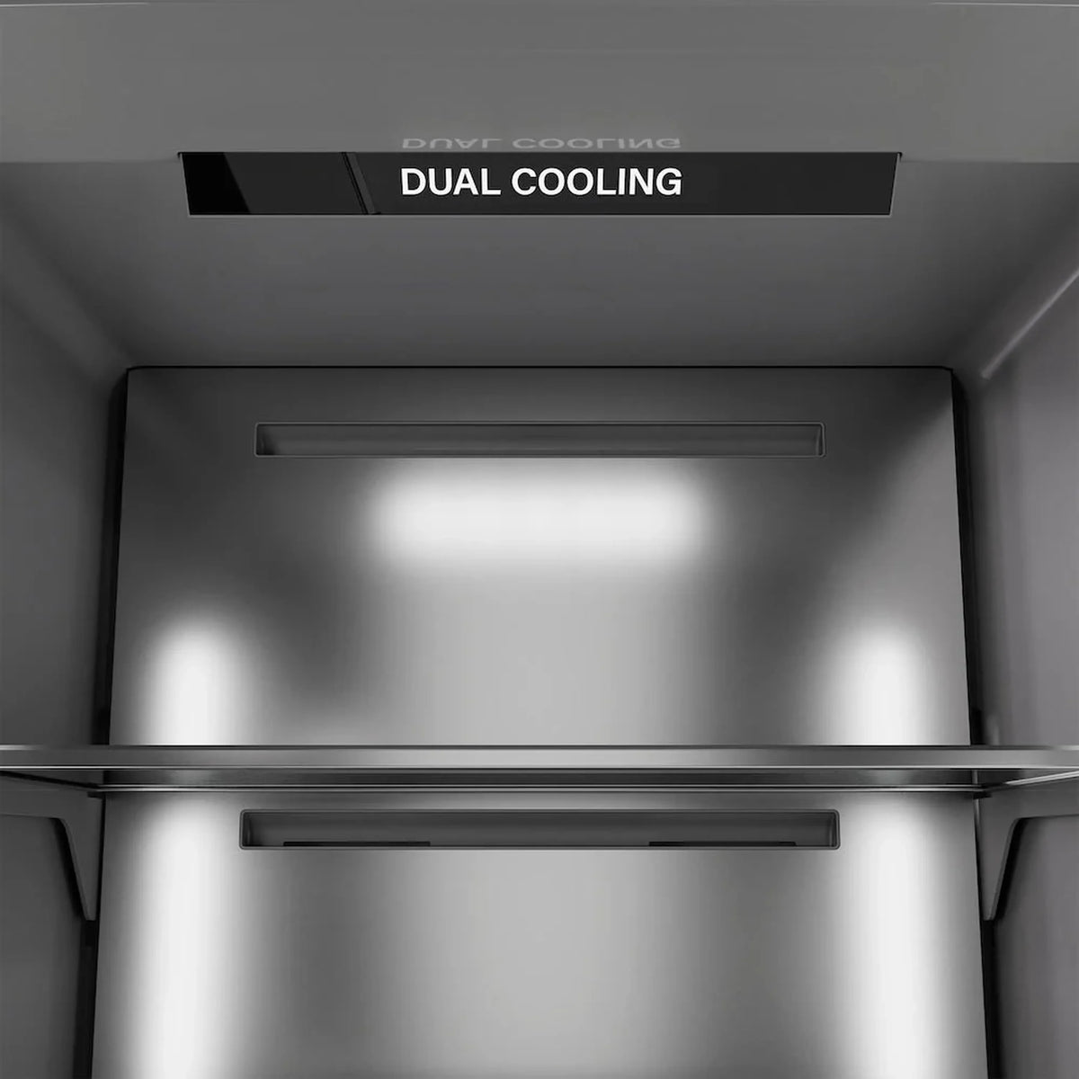 Refrigerator-freezer upper back wall with DUAL COOLING light bar