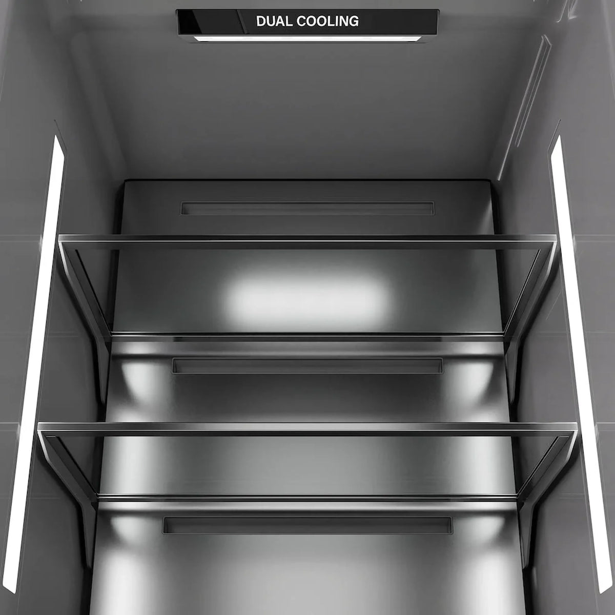 Refrigerator-freezer upper compartment with DUAL COOLING light bar and vents
