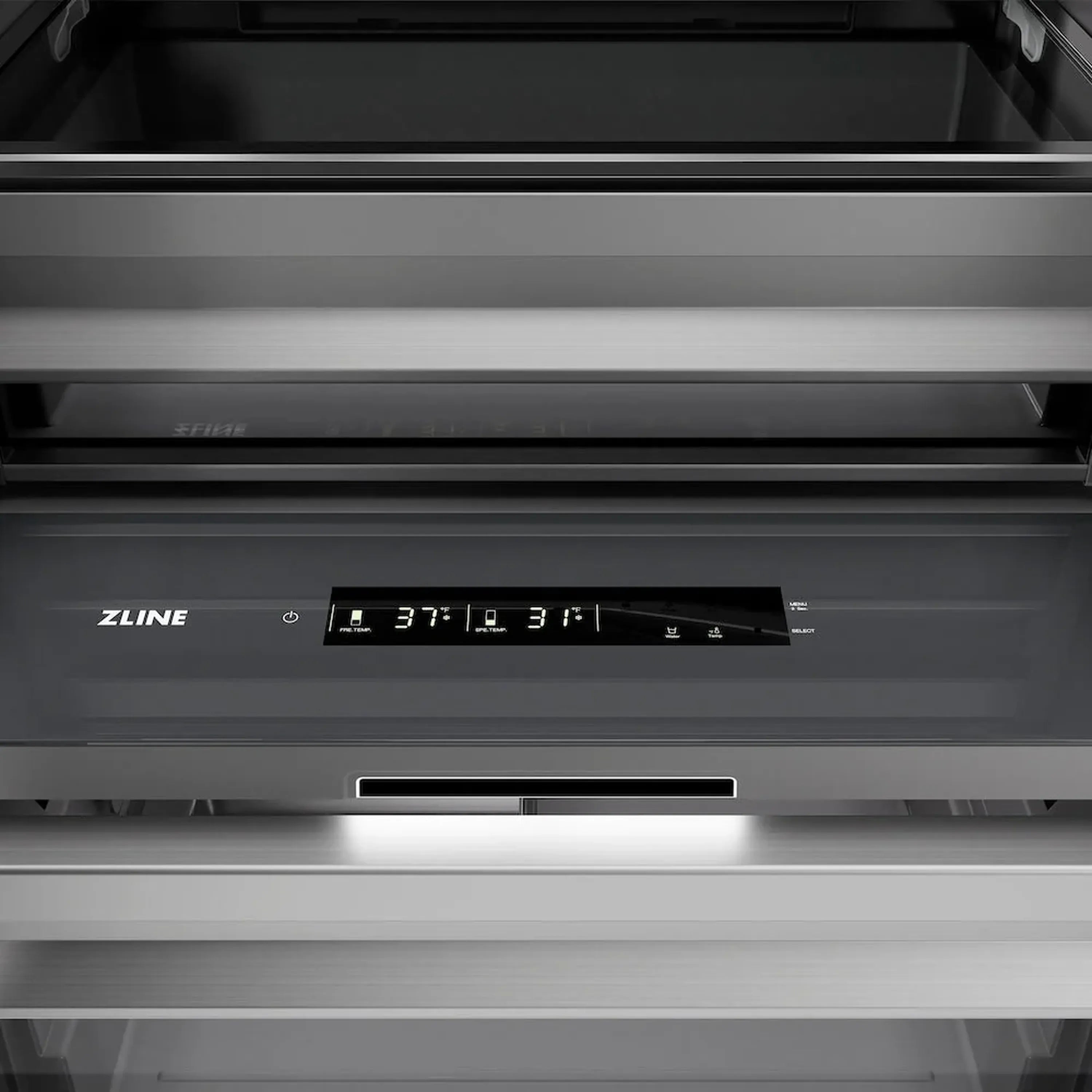 Column refrigerator with black digital display and temperature readings