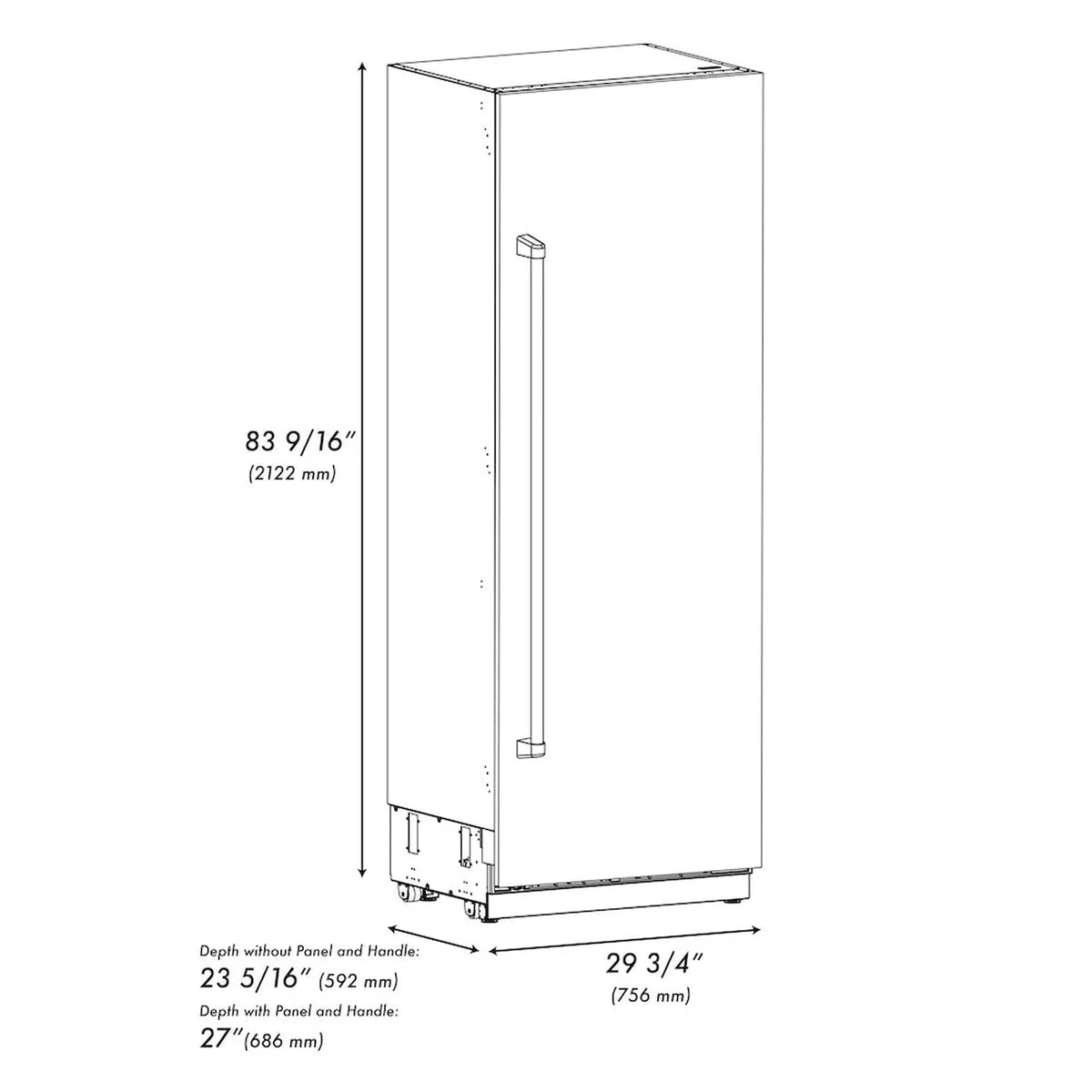 Black stainless refrigerator-freezer dimensions diagram with handle and depth labels