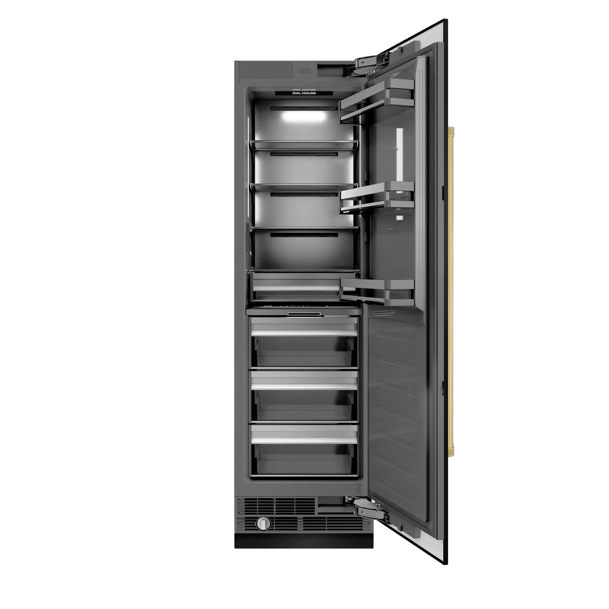 Open black stainless refrigerator door with adjustable shelves and interior lighting