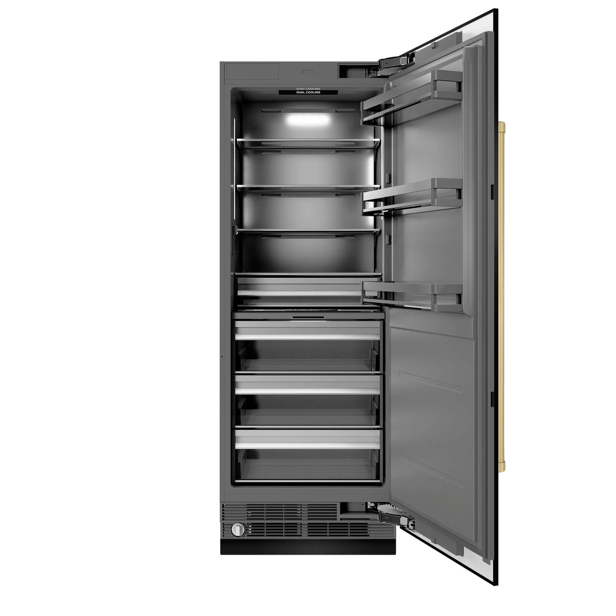 Refrigerator-freezer with open door, glass shelves, and interior lighting