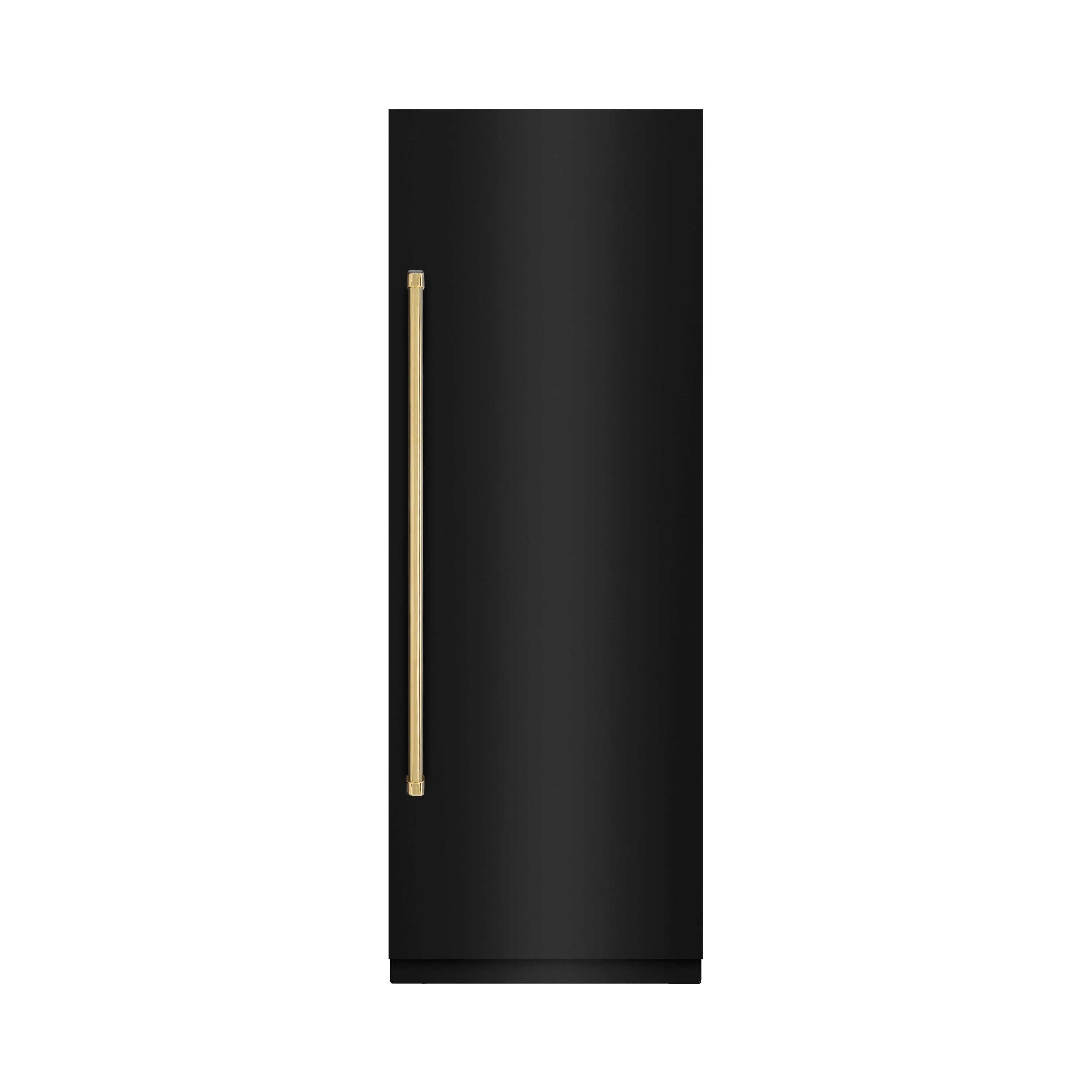 Black stainless refrigerator/freezer with tall gold accent vertical handle