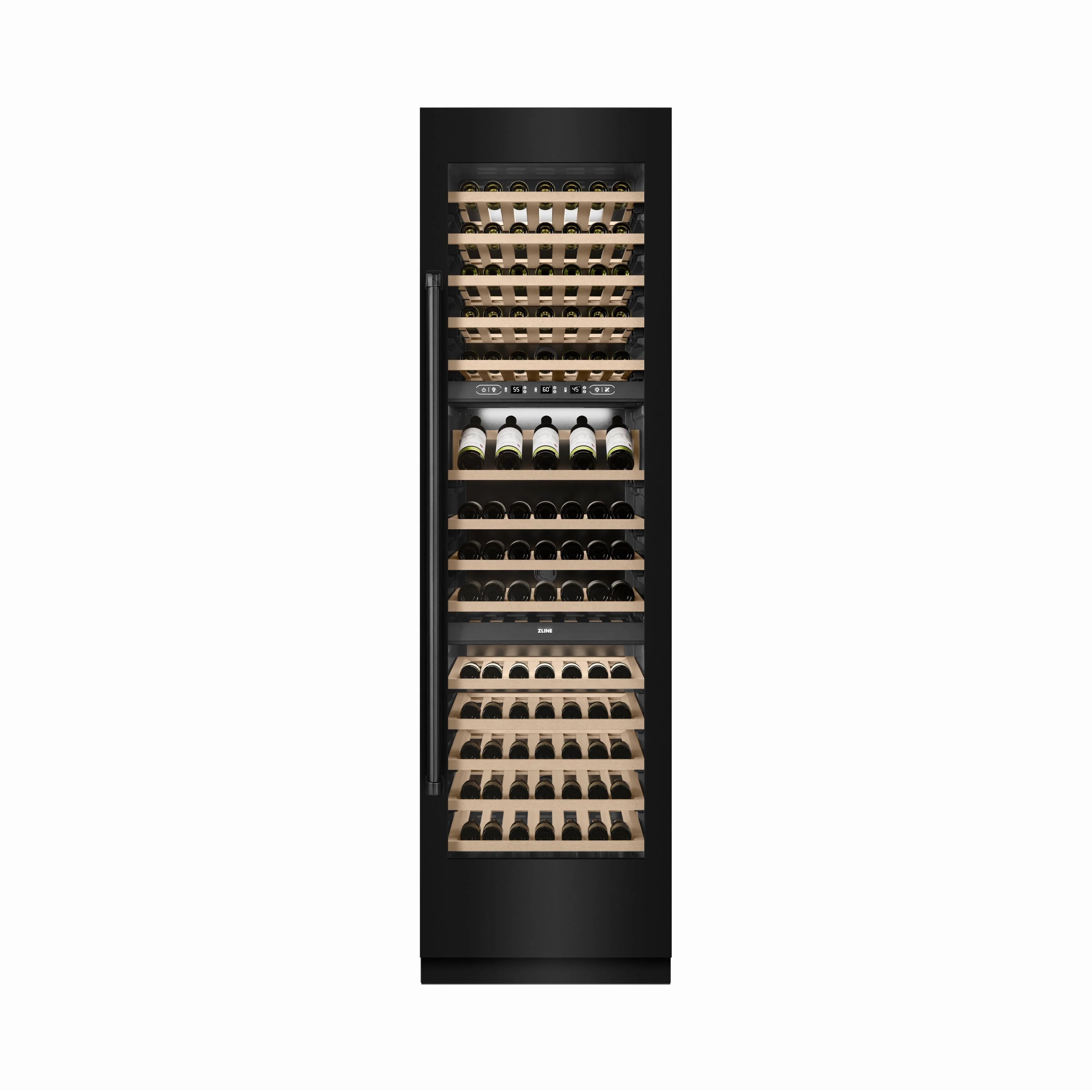 Black stainless column wine cooler interior with wood racks and mixed wine bottles