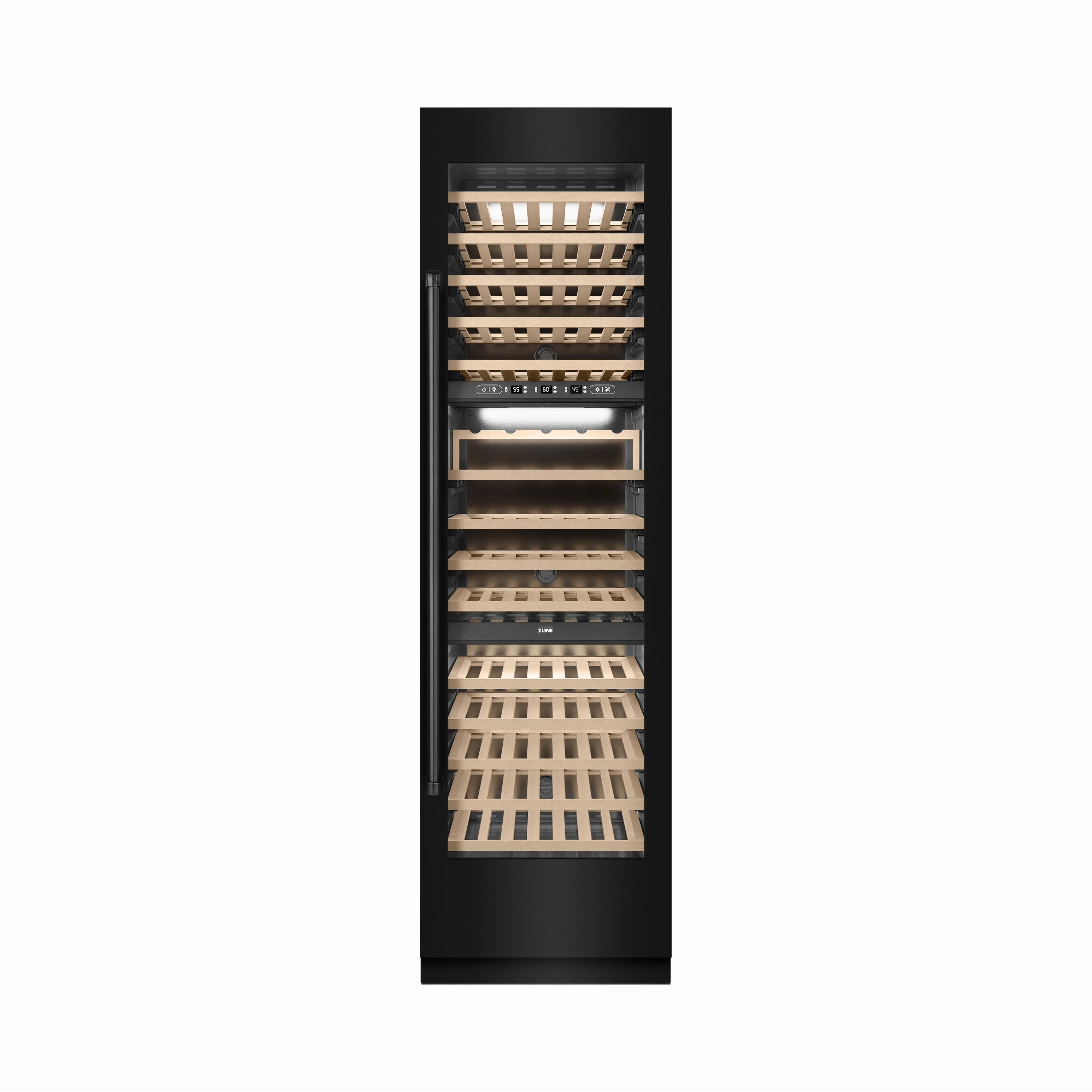 Black stainless column wine cooler with front access and interior wood racks