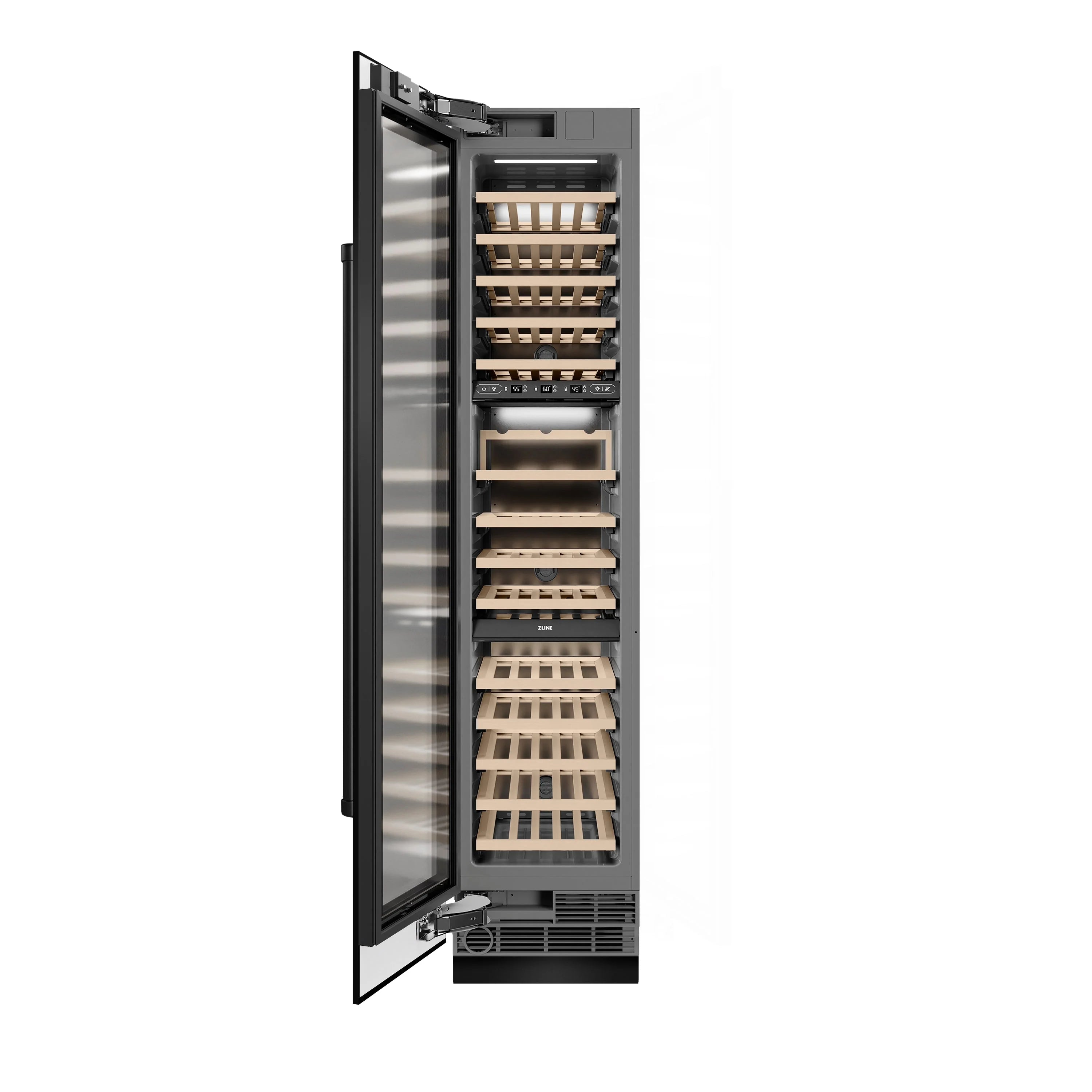 Black stainless steel wine cooler with side-open door showing interior wood racks