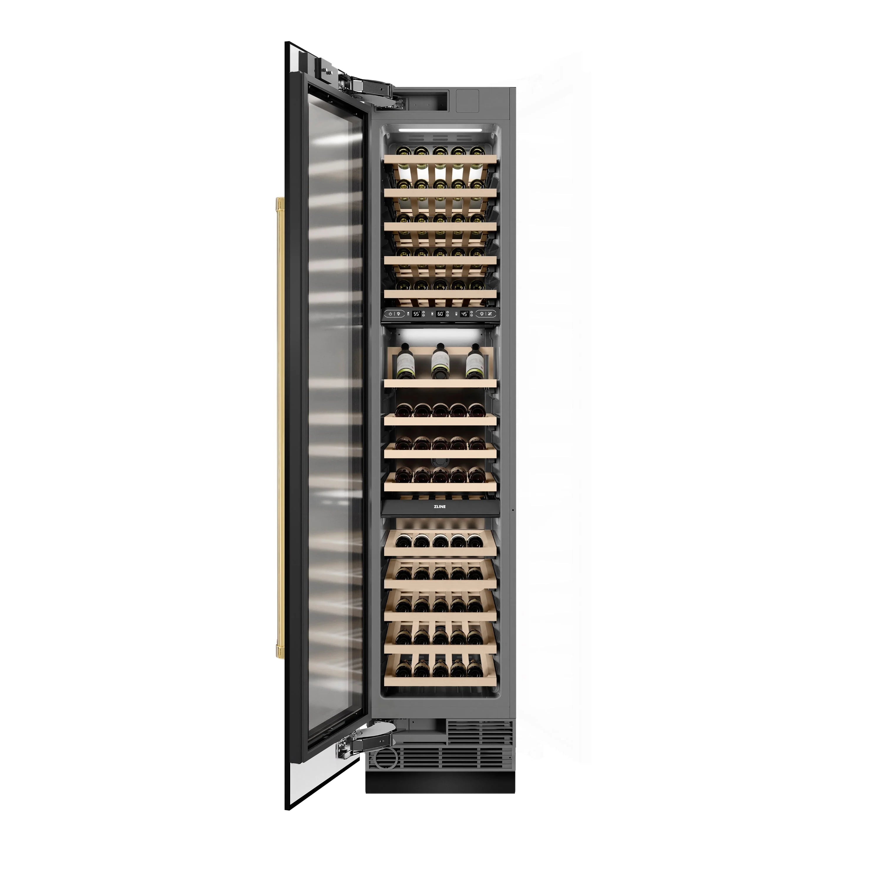 Wine cooler with open door showing multiple rows of bottles on wood shelves