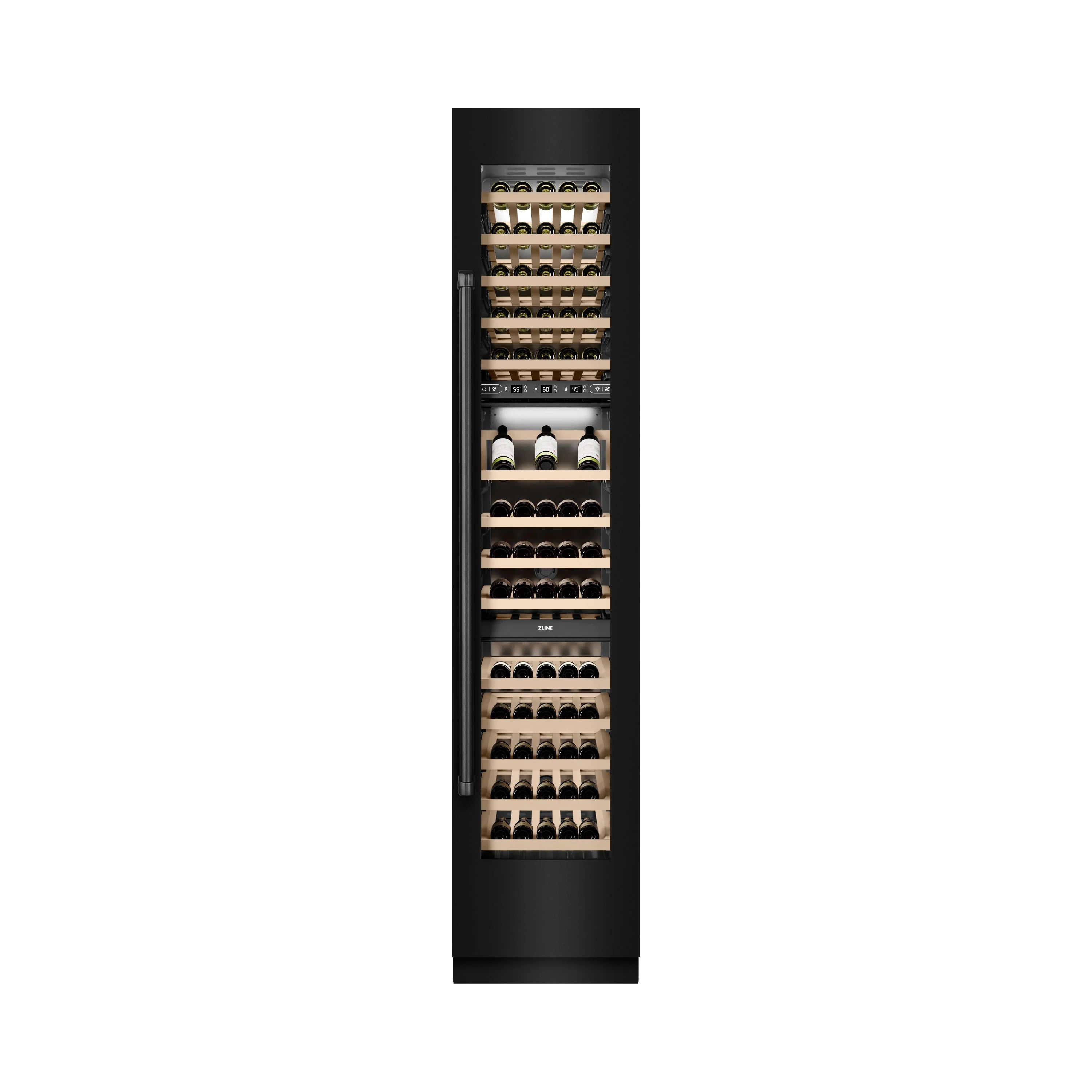Black column wine cooler door open, showing multiple wine racks with bottles inside.