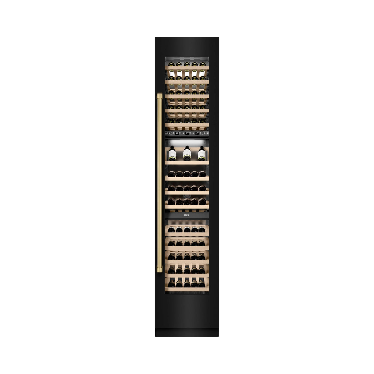 Black stainless wine cooler with display racks and champagne bronze bar handle