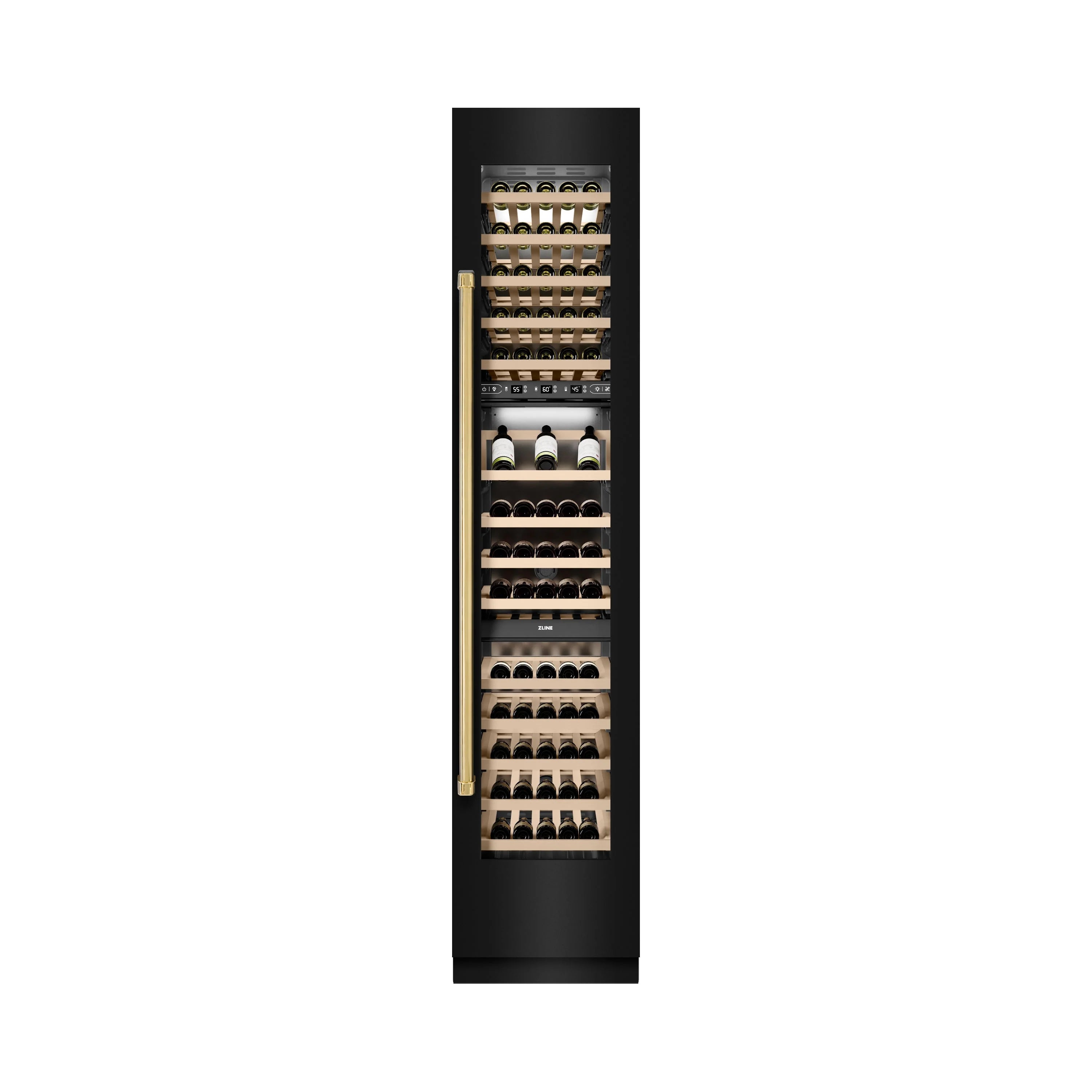 Black wine cooler with glass front showing wine bottles on birch racks