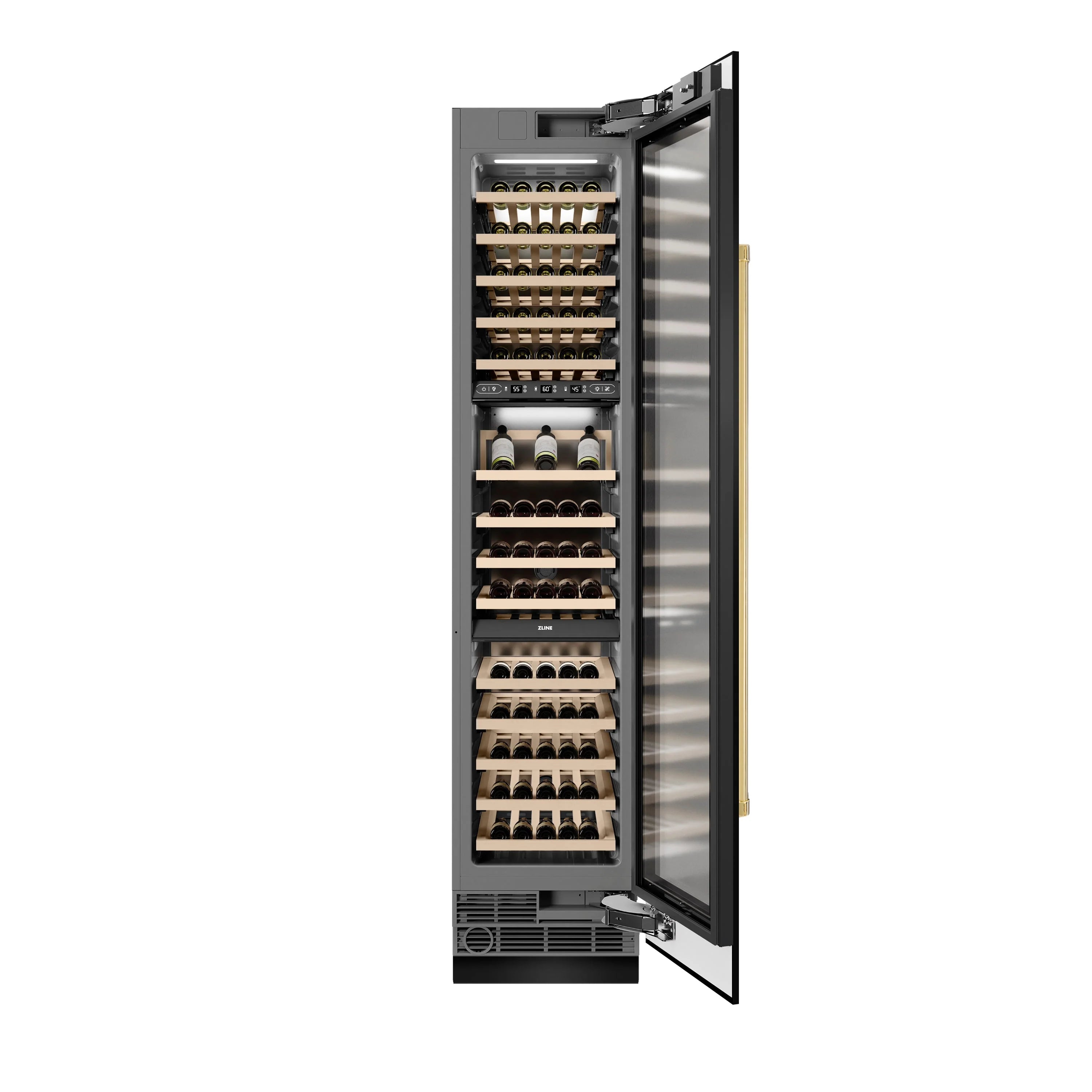 Wine cooler with door open and bottles on birch racks, stainless side view