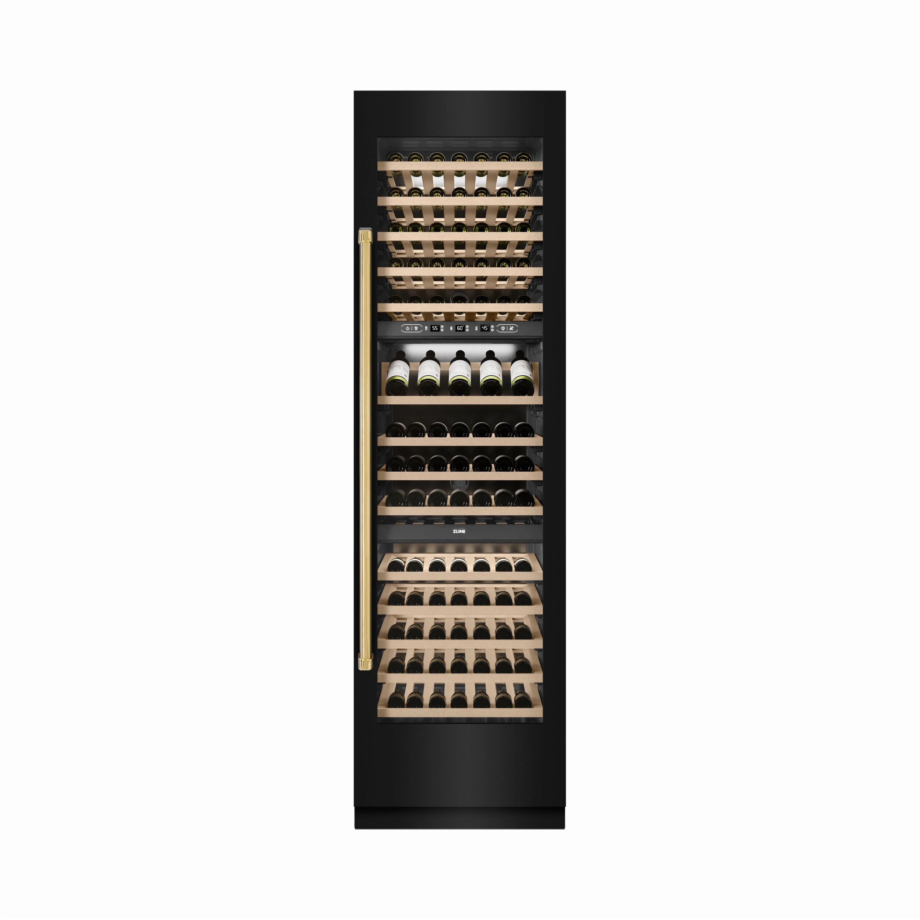 Black wine cooler with open door, showing light wood bottle rack shelves inside.