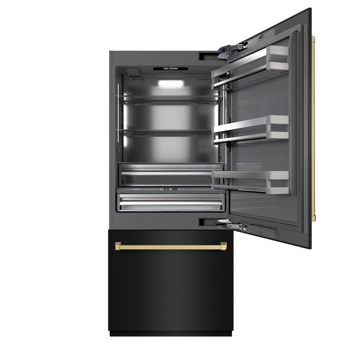 Built-in bottom freezer refrigerator open door with graphite gray interior shelving