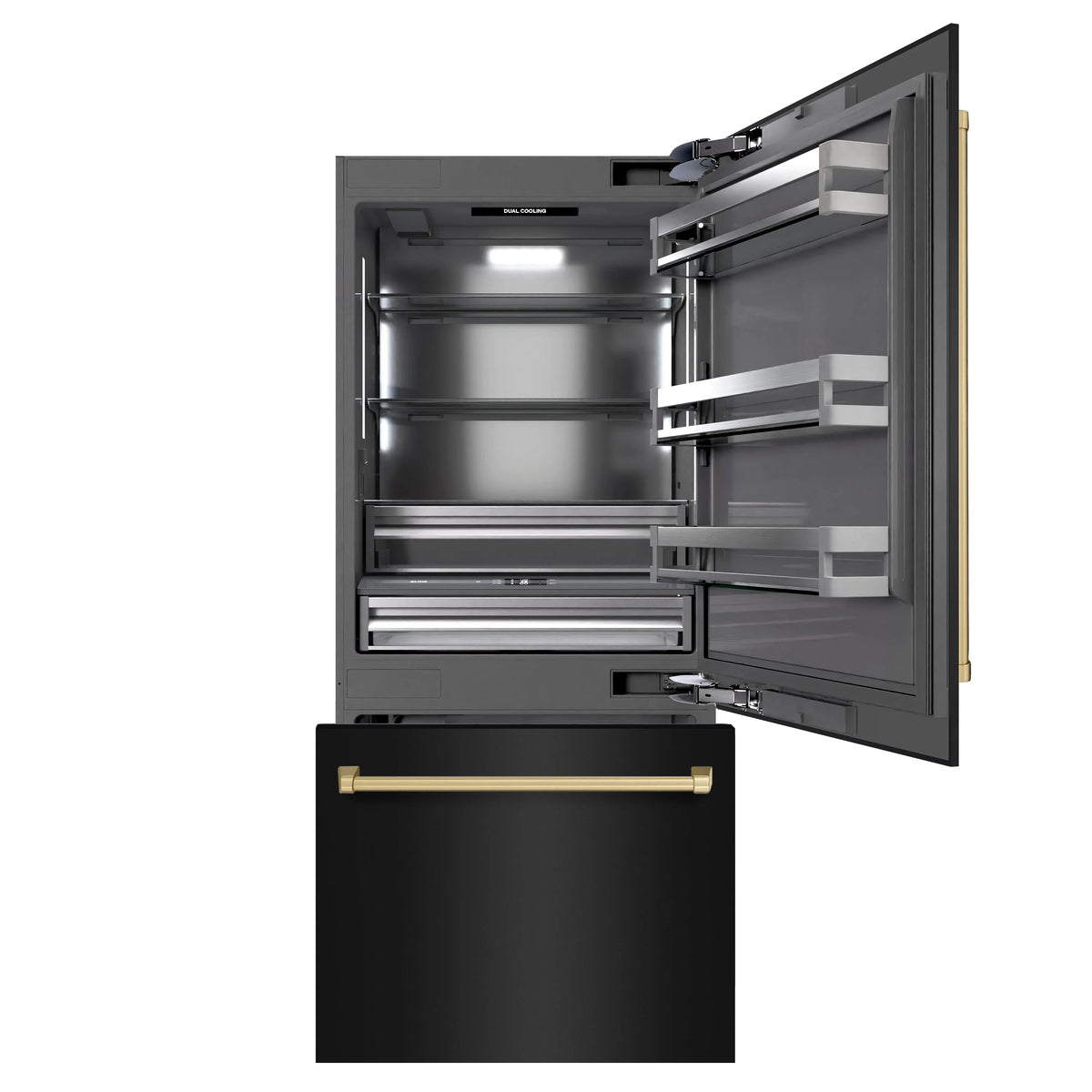 Built-in bottom freezer refrigerator with open doors, shelves, black stainless and bronze handles