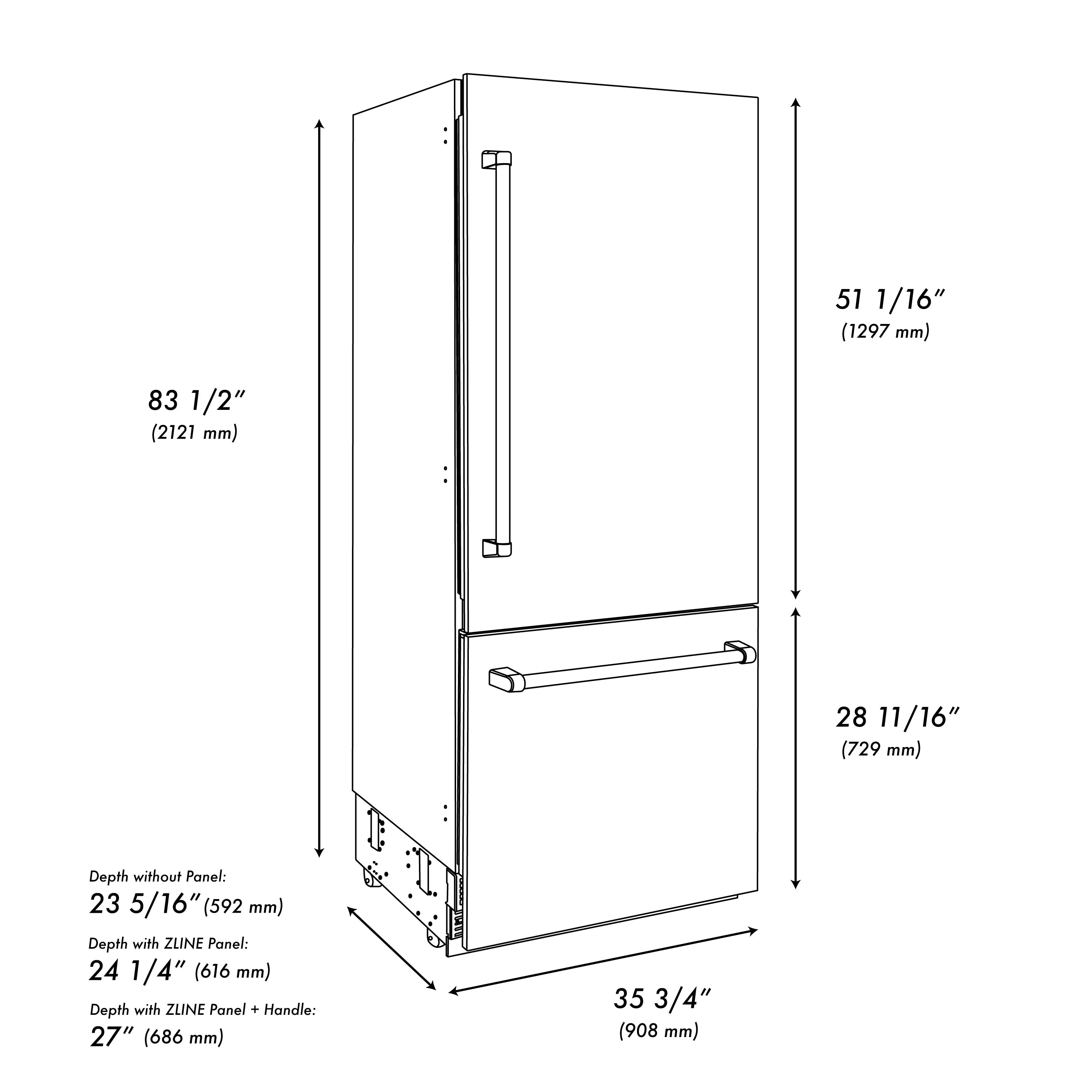 Built-in refrigerator installation dimensions diagram showing height and depth measurements