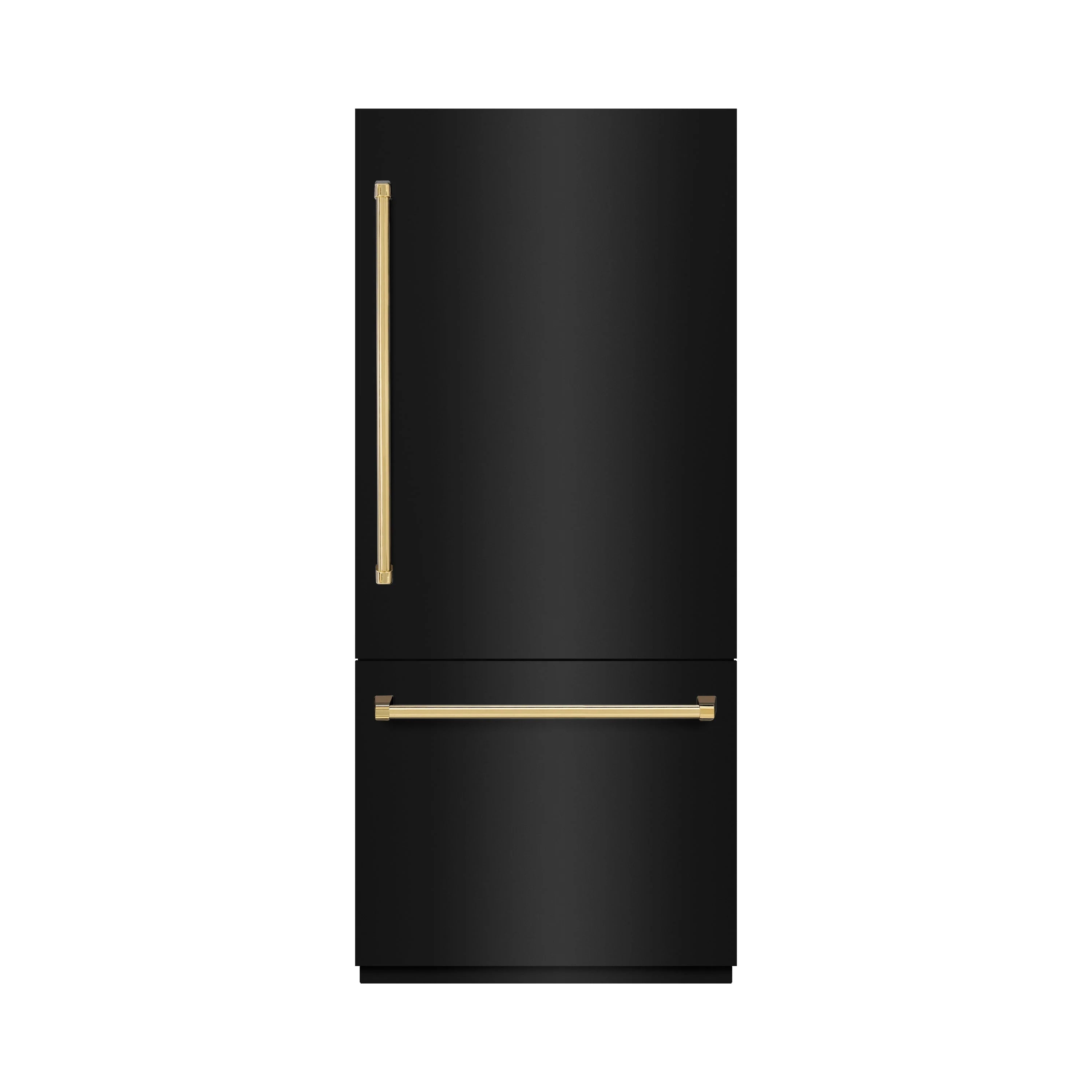 Black stainless bottom-freezer refrigerator with polished gold bar accents