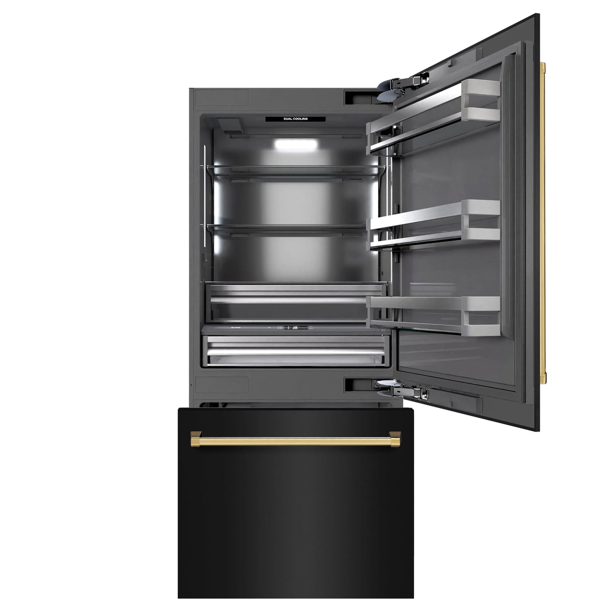 Open bottom-freezer refrigerator showing graphite gray interior shelves and gold trim