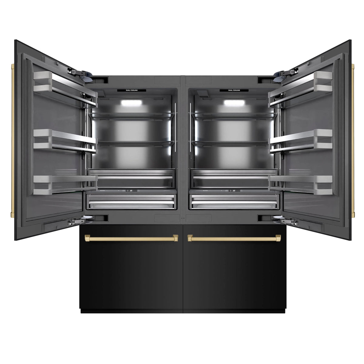 French door bottom freezer refrigerator, open interior with champagne bronze handles and gray shelves