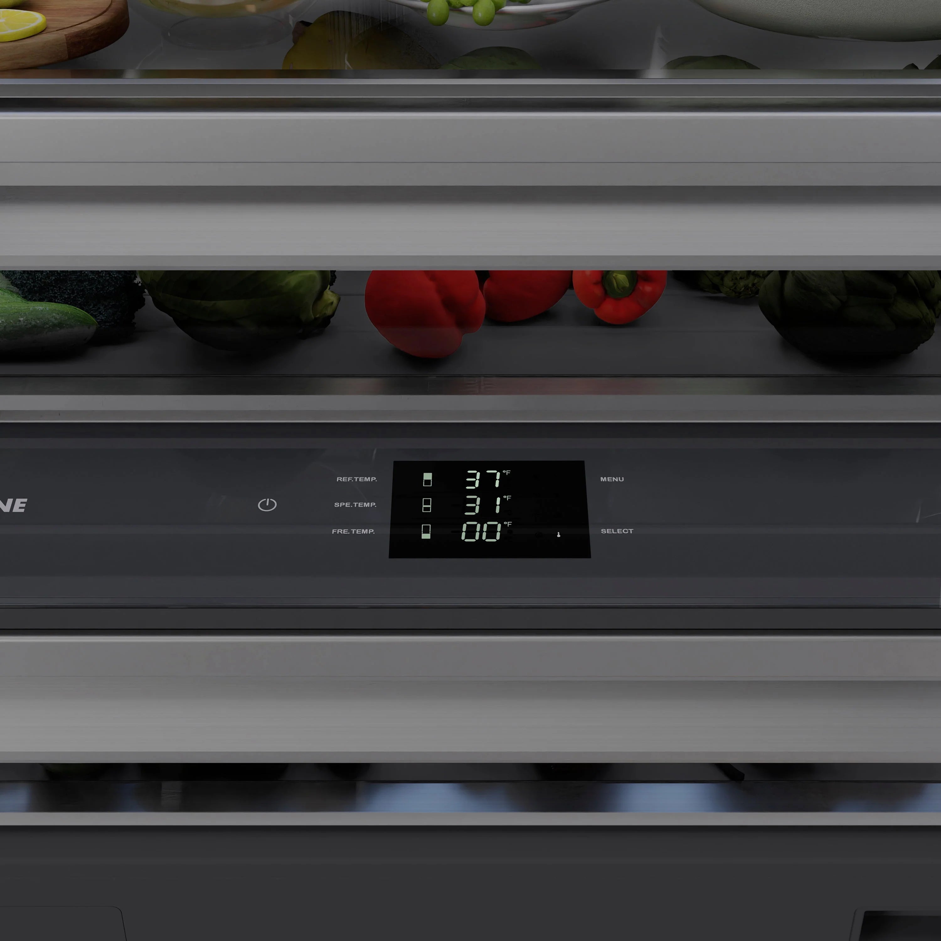 Refrigerator interior shelves with produce bins and built-in temperature display
