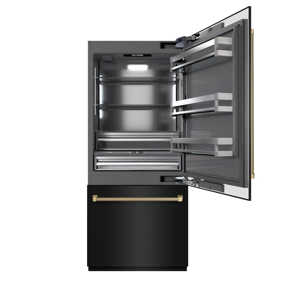 Built-in refrigerator with doors open, showing gray interior shelves and drawers
