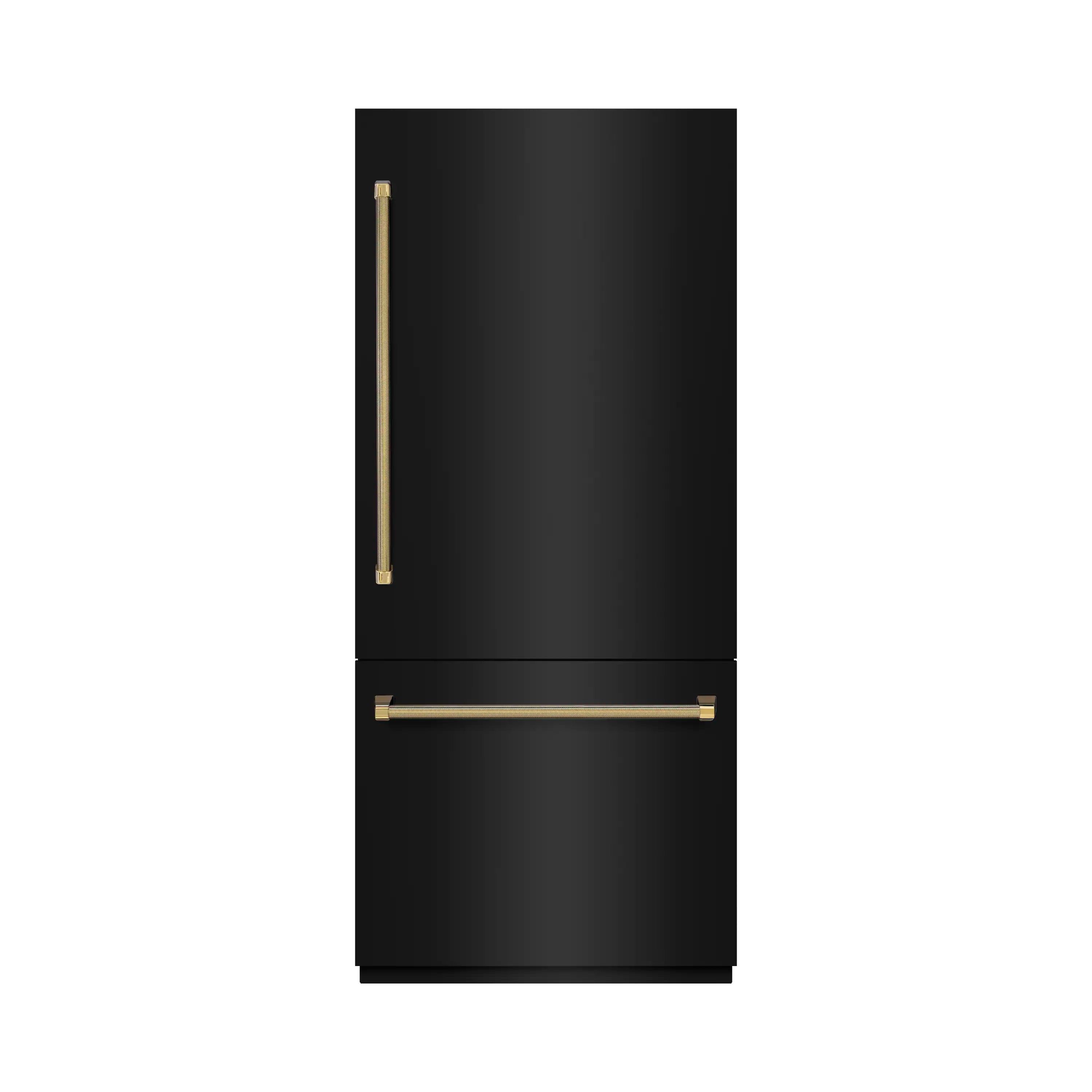Built-in black refrigerator with gold bar-style handles, front view