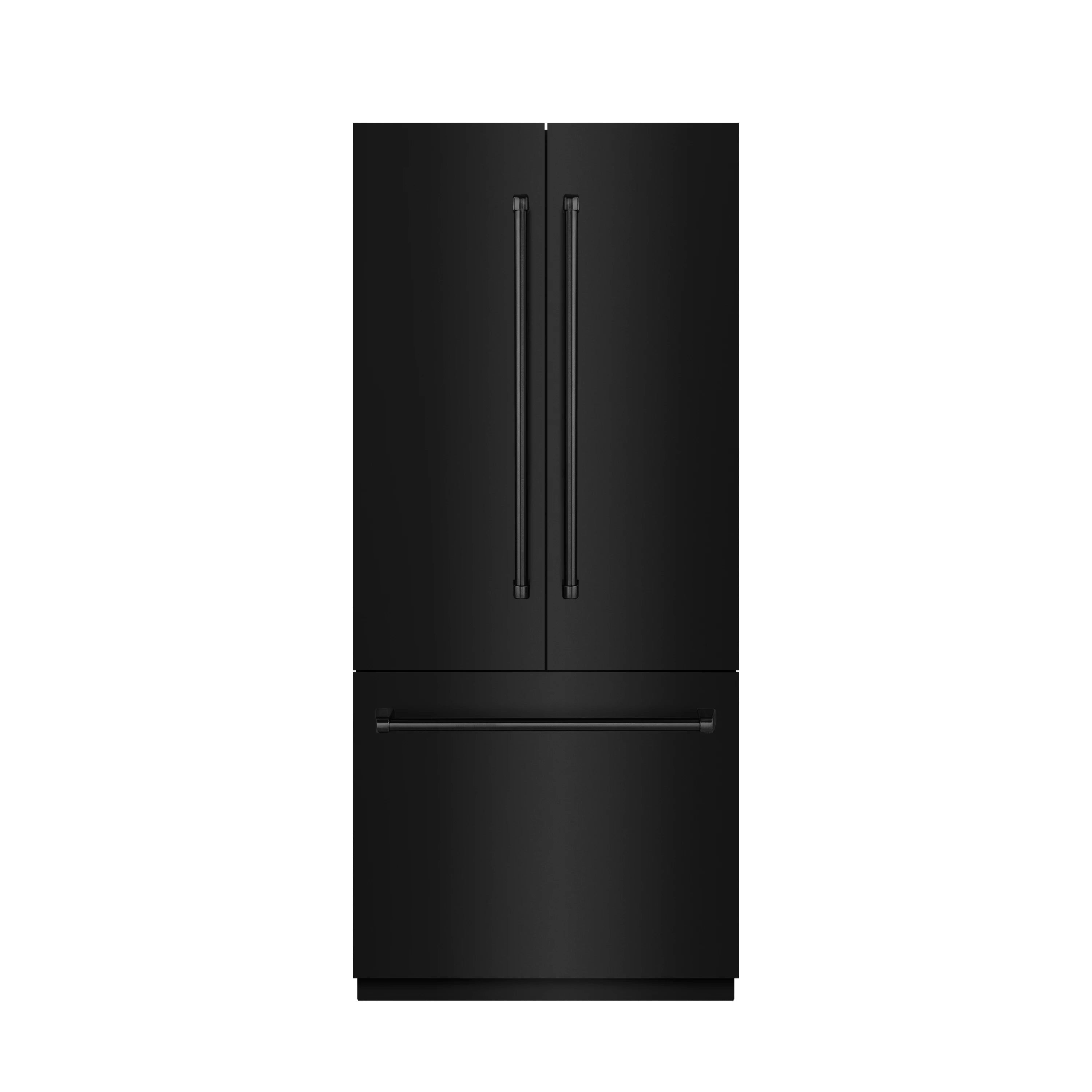 Black stainless steel French-door bottom freezer refrigerator, front view