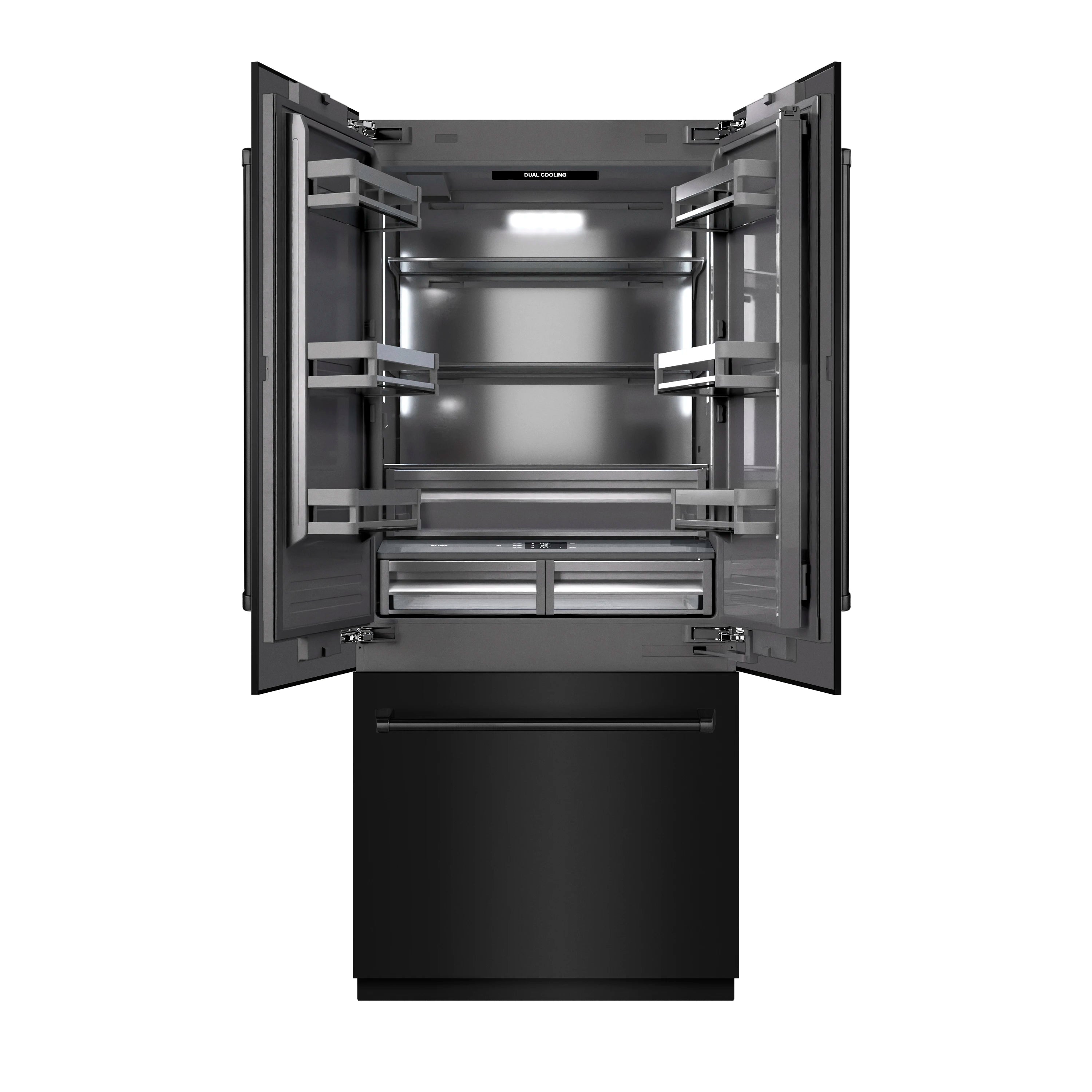 French-door refrigerator with open doors, adjustable shelves, and interior LED light