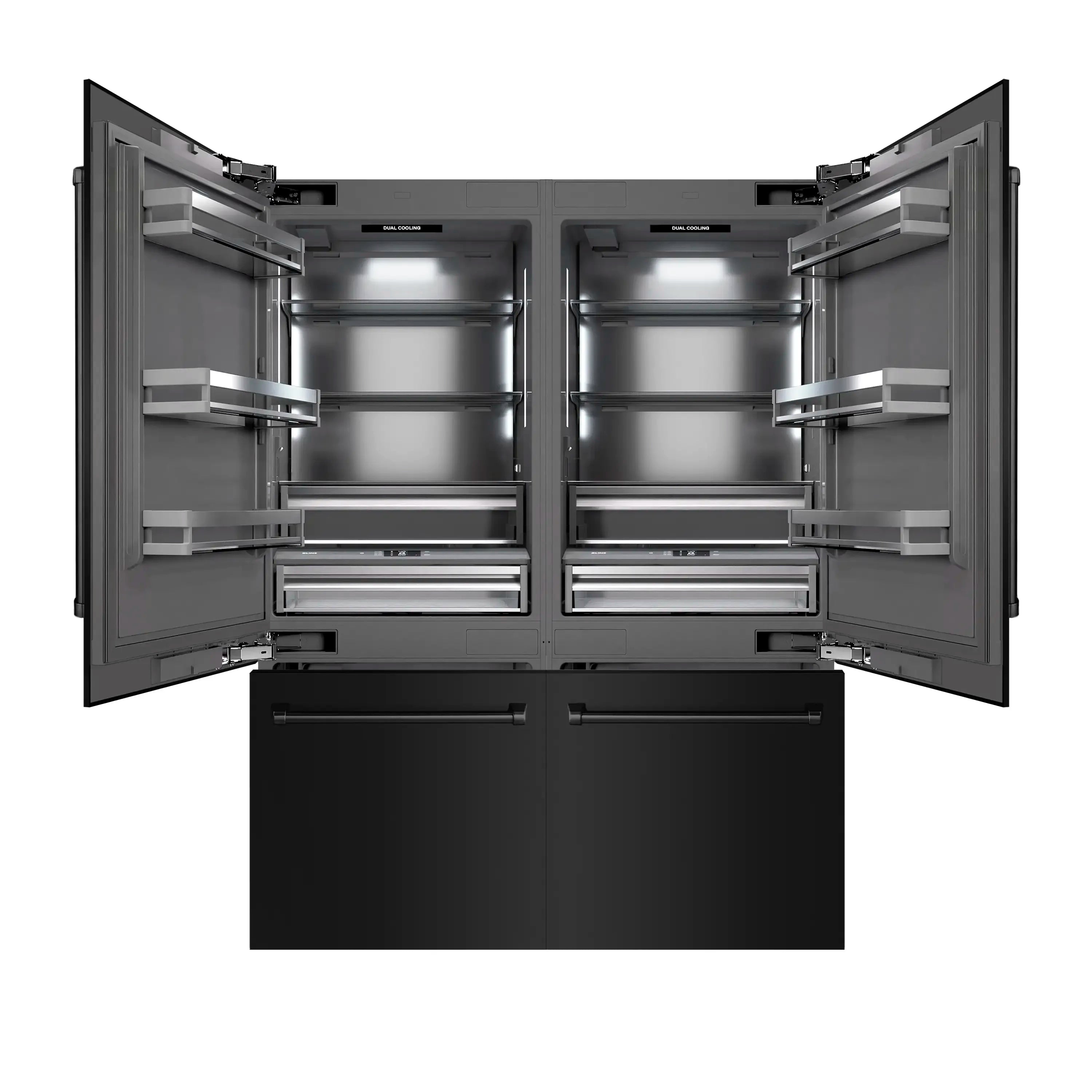 Bottom freezer refrigerator with French doors open and bottom drawer pulled out
