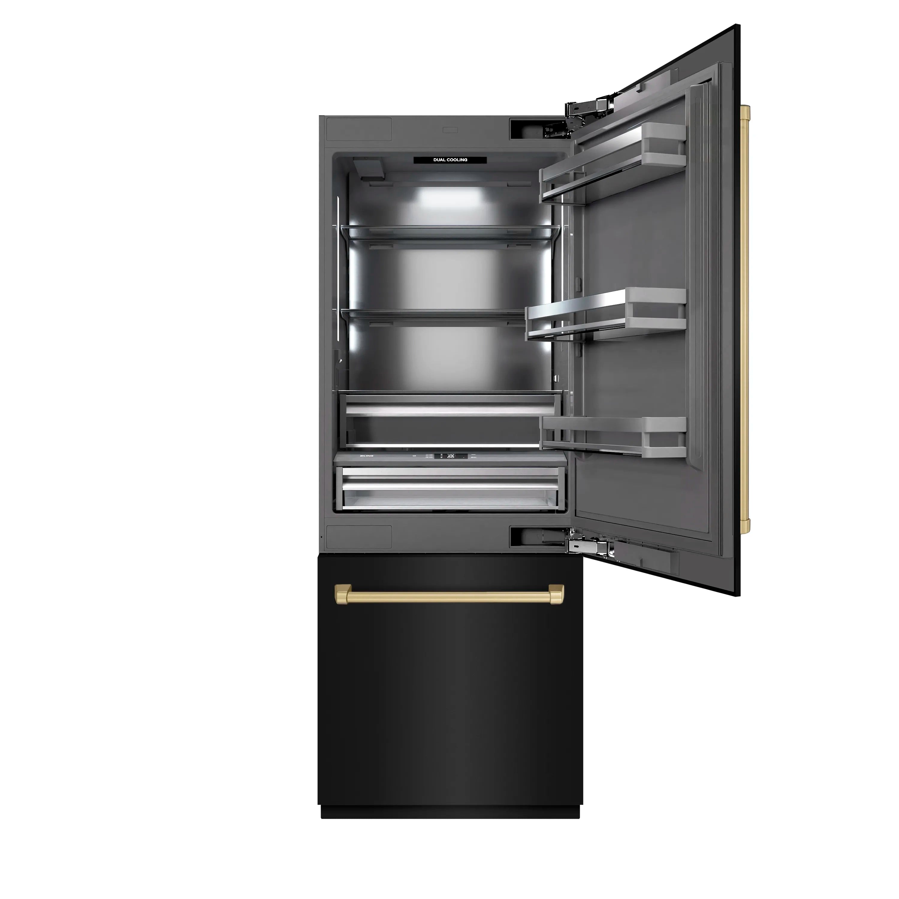 Bottom freezer refrigerator with open door, interior shelves, and black stainless finish