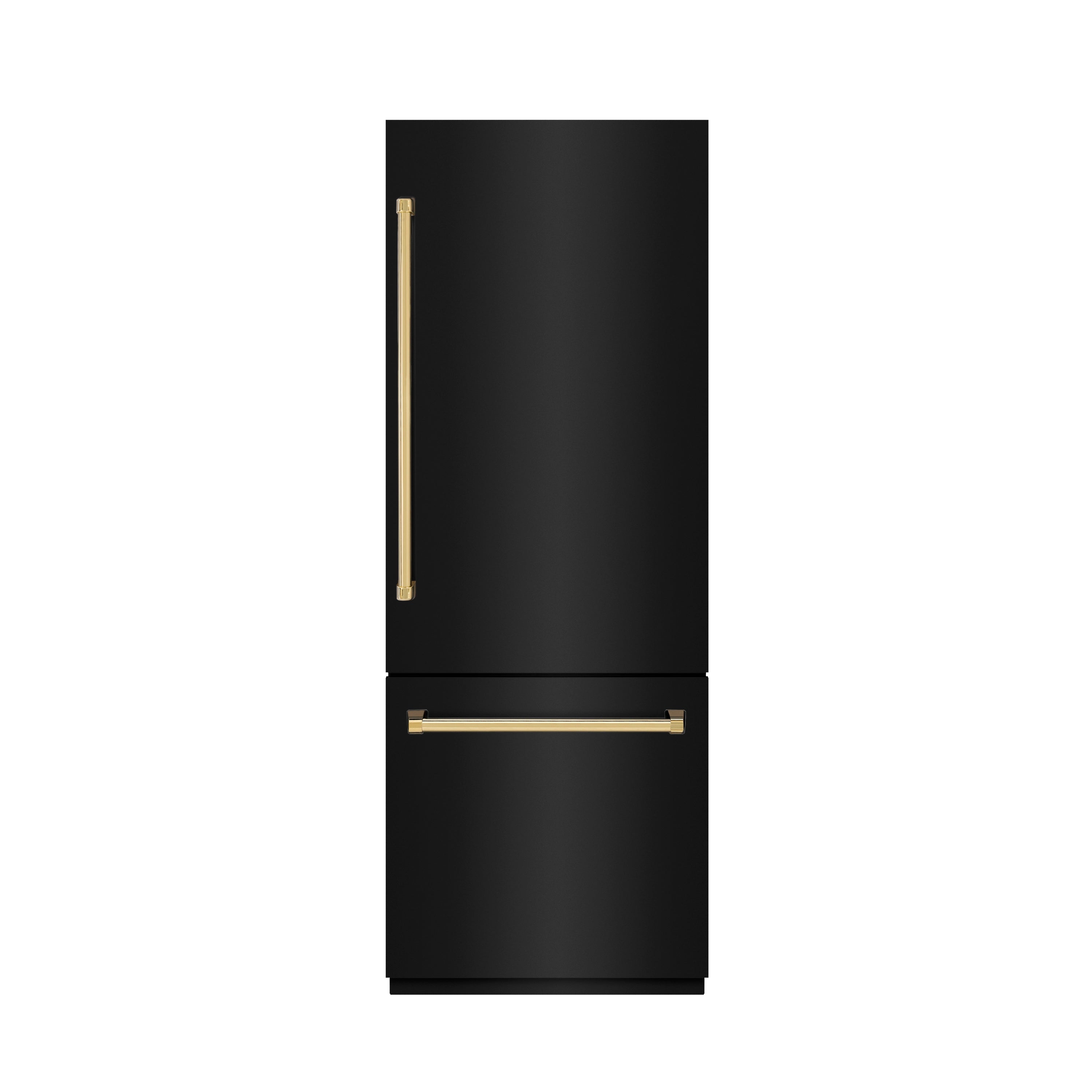 Black stainless bottom-freezer refrigerator with gold bar handle