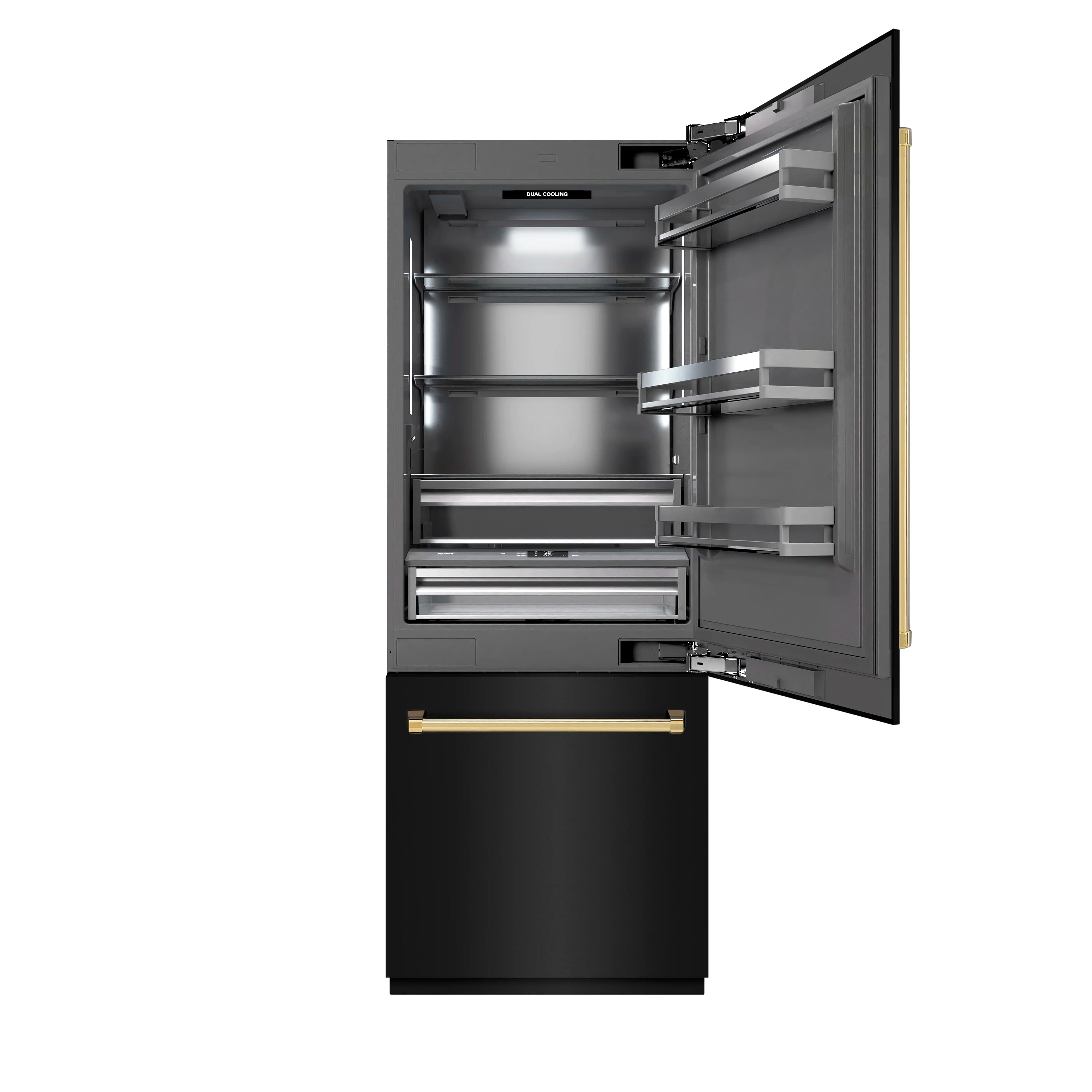 Open black refrigerator showing freezer drawer, shelves, and gold accents