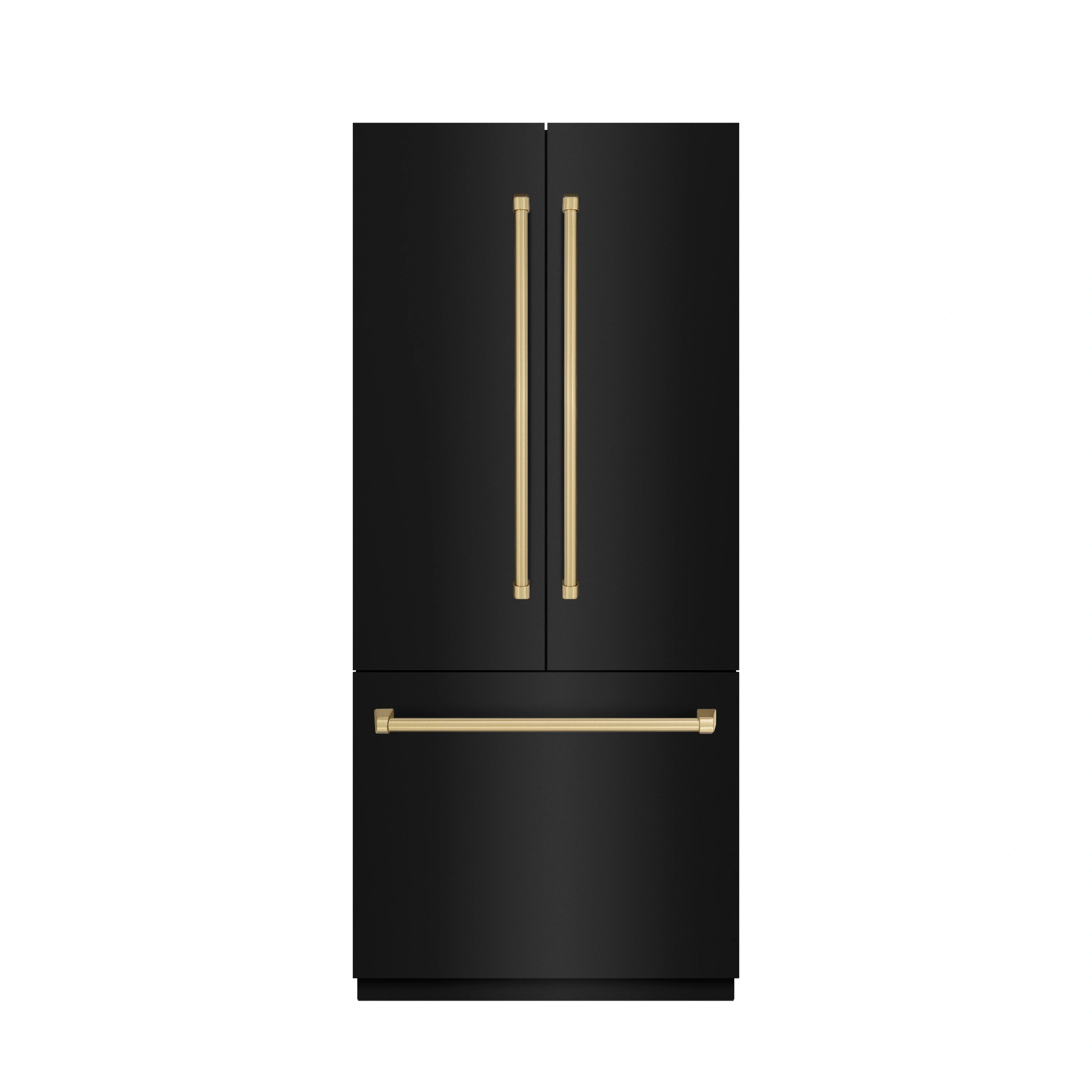 Black French door refrigerator with champagne bronze bar handles and water dispenser
