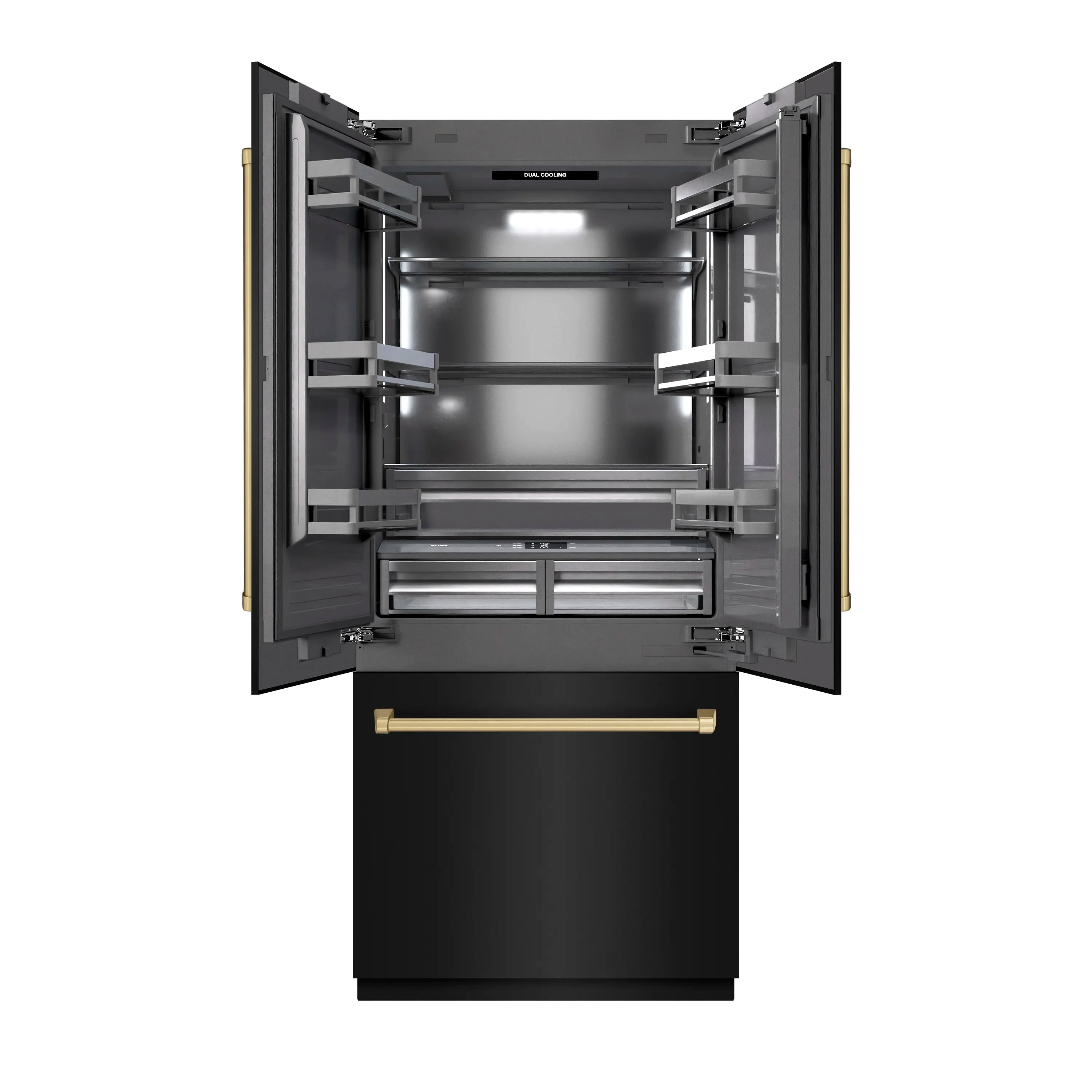 Built-in bottom freezer refrigerator open with adjustable shelves and interior LED light