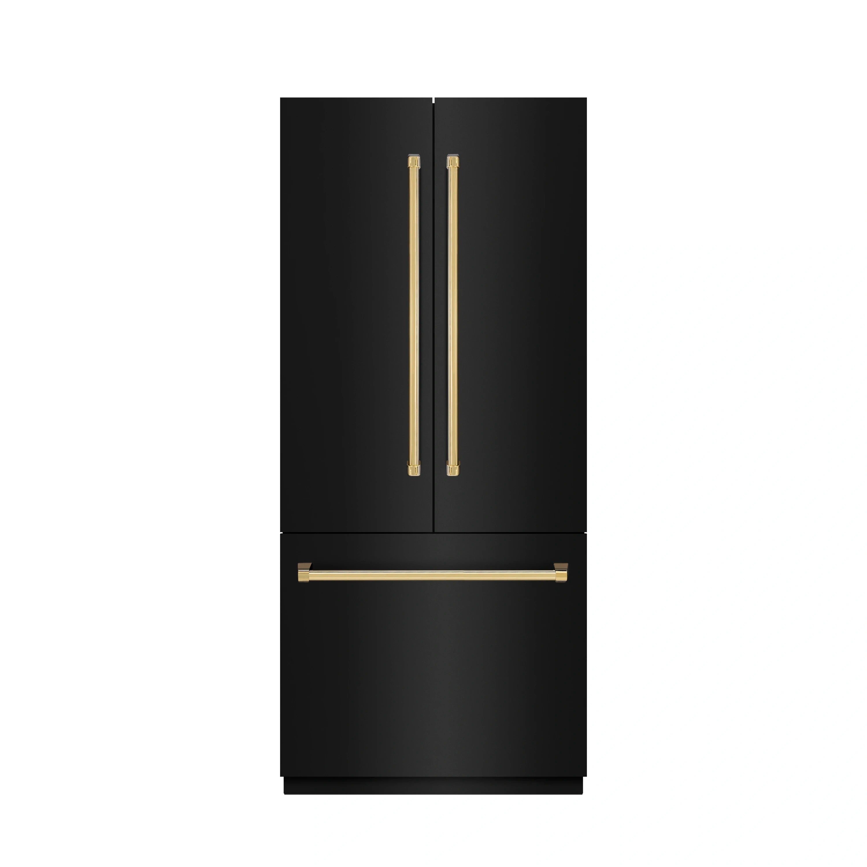 Black stainless refrigerator with polished gold vertical handles and horizontal bar