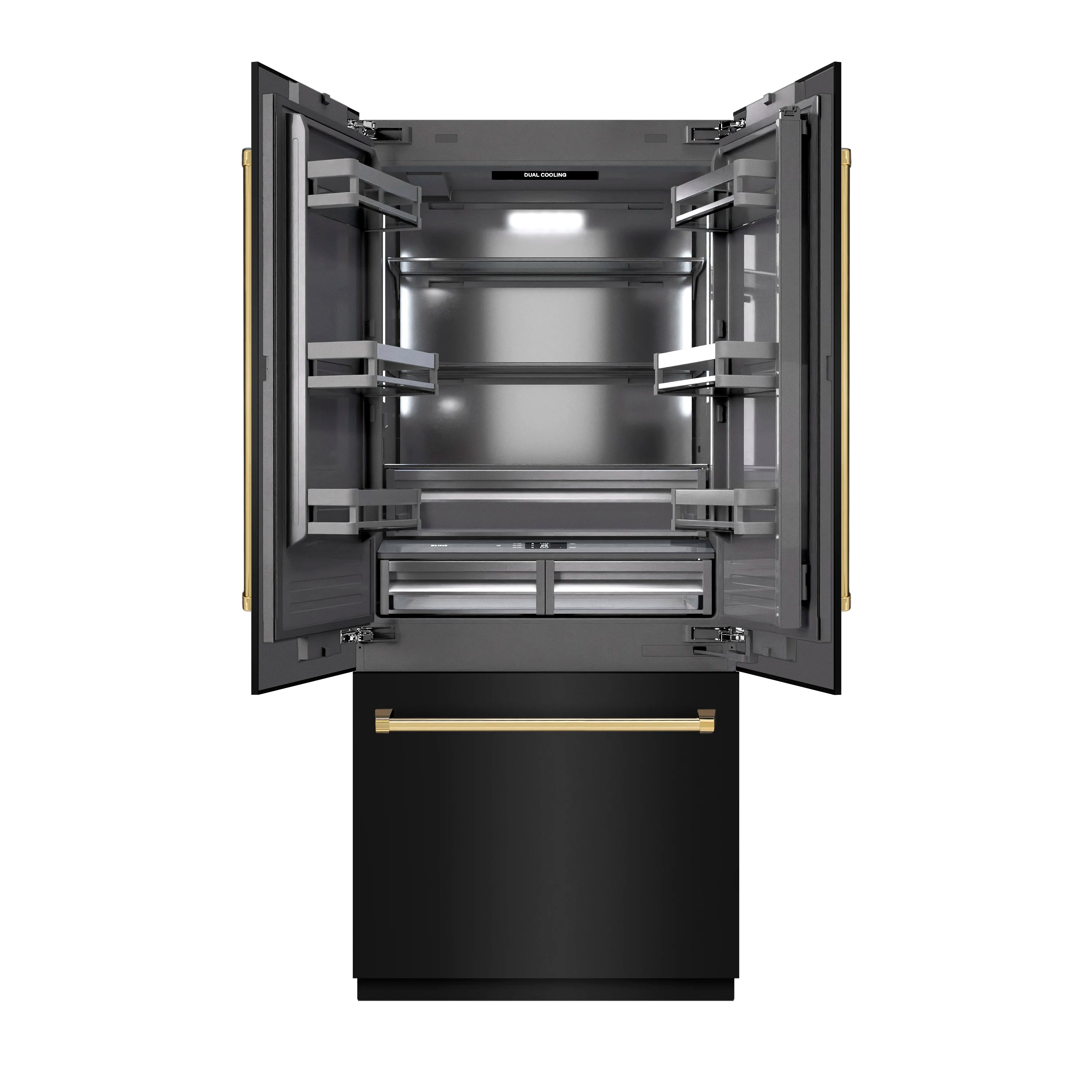 Opened refrigerator showing interior shelves and bottom freezer drawer