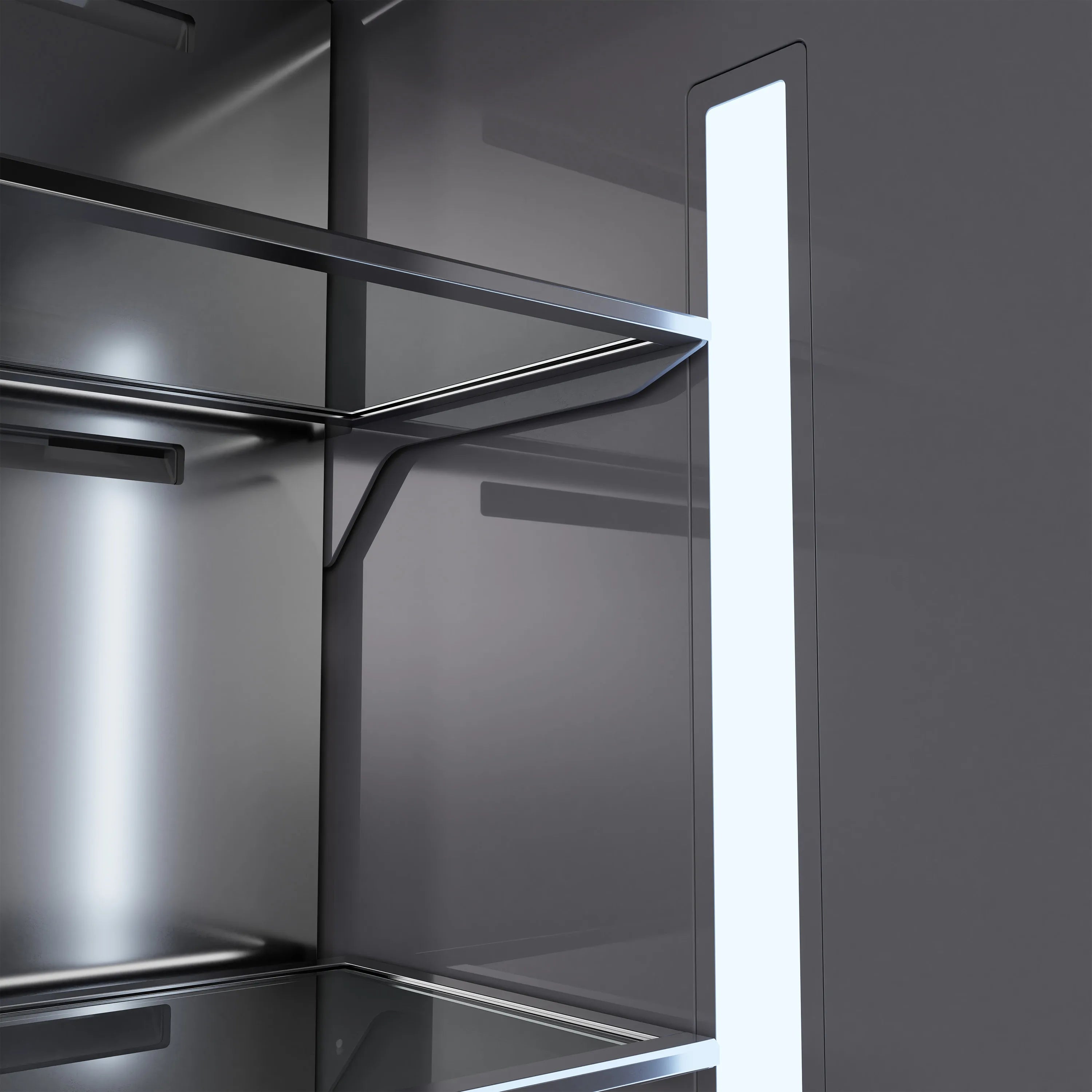Refrigerator interior with adjustable metal shelf rails and overhead light
