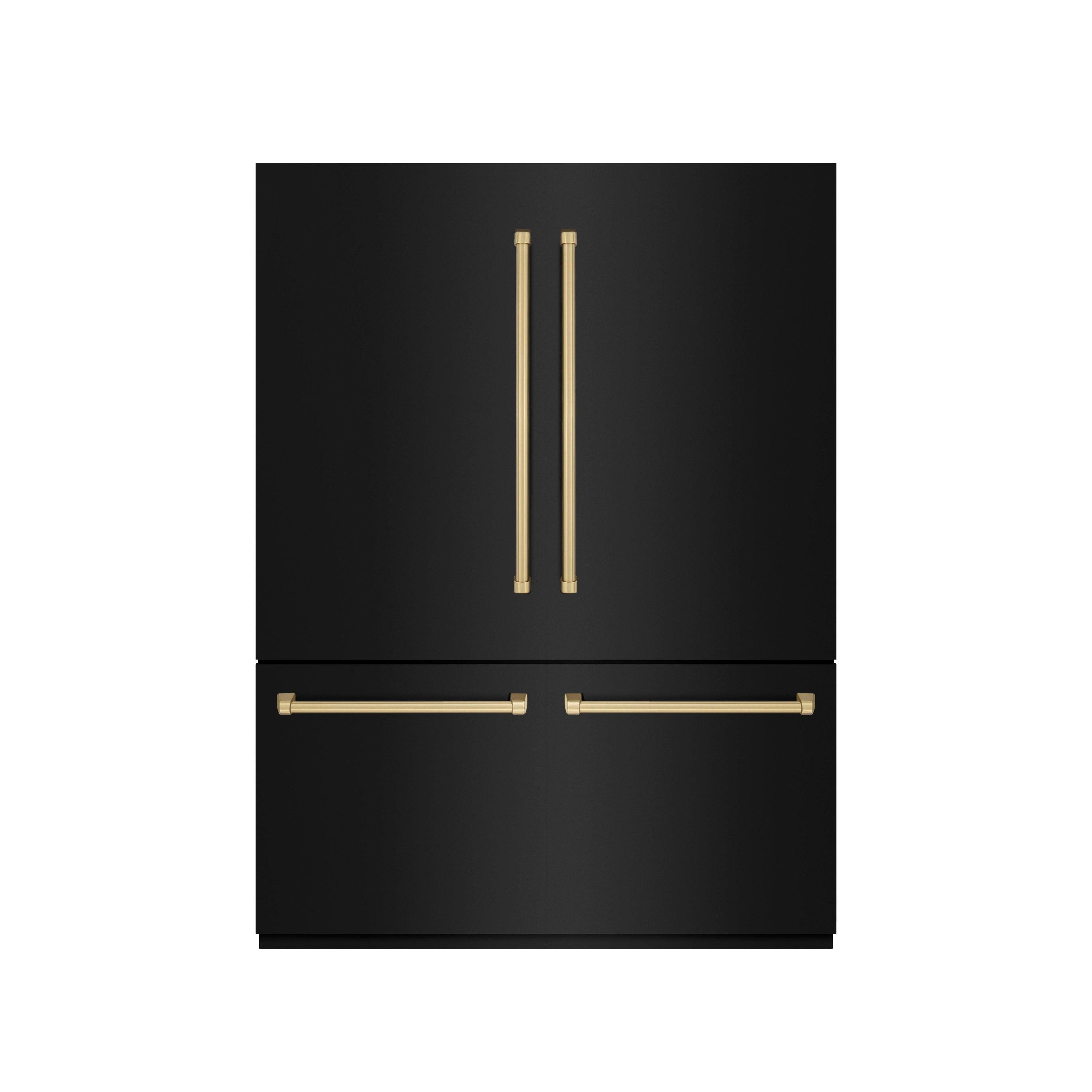 Black stainless steel French door refrigerator with champagne bronze bar handles