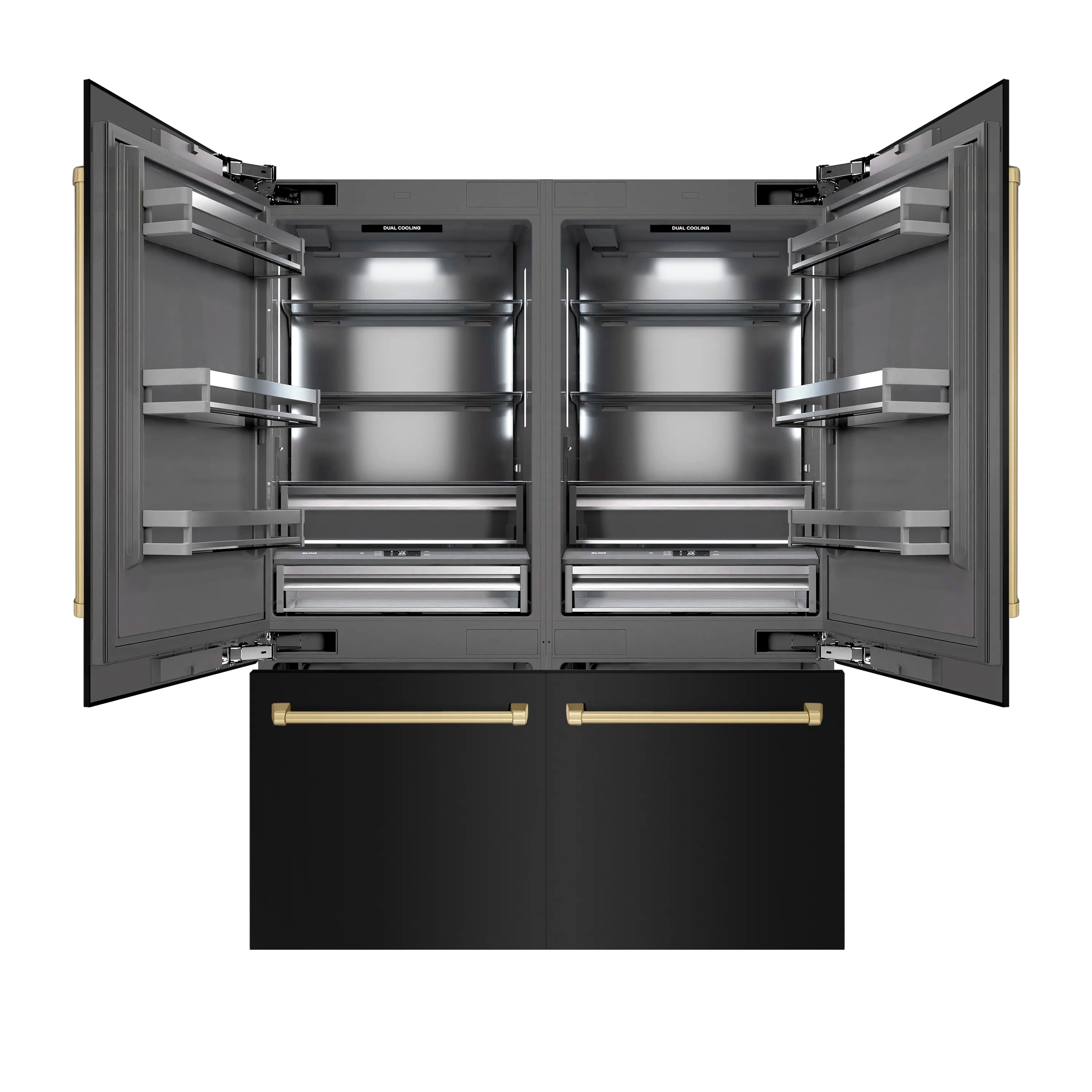 Open French door refrigerator with gray interior shelves and dual bottom freezer drawers