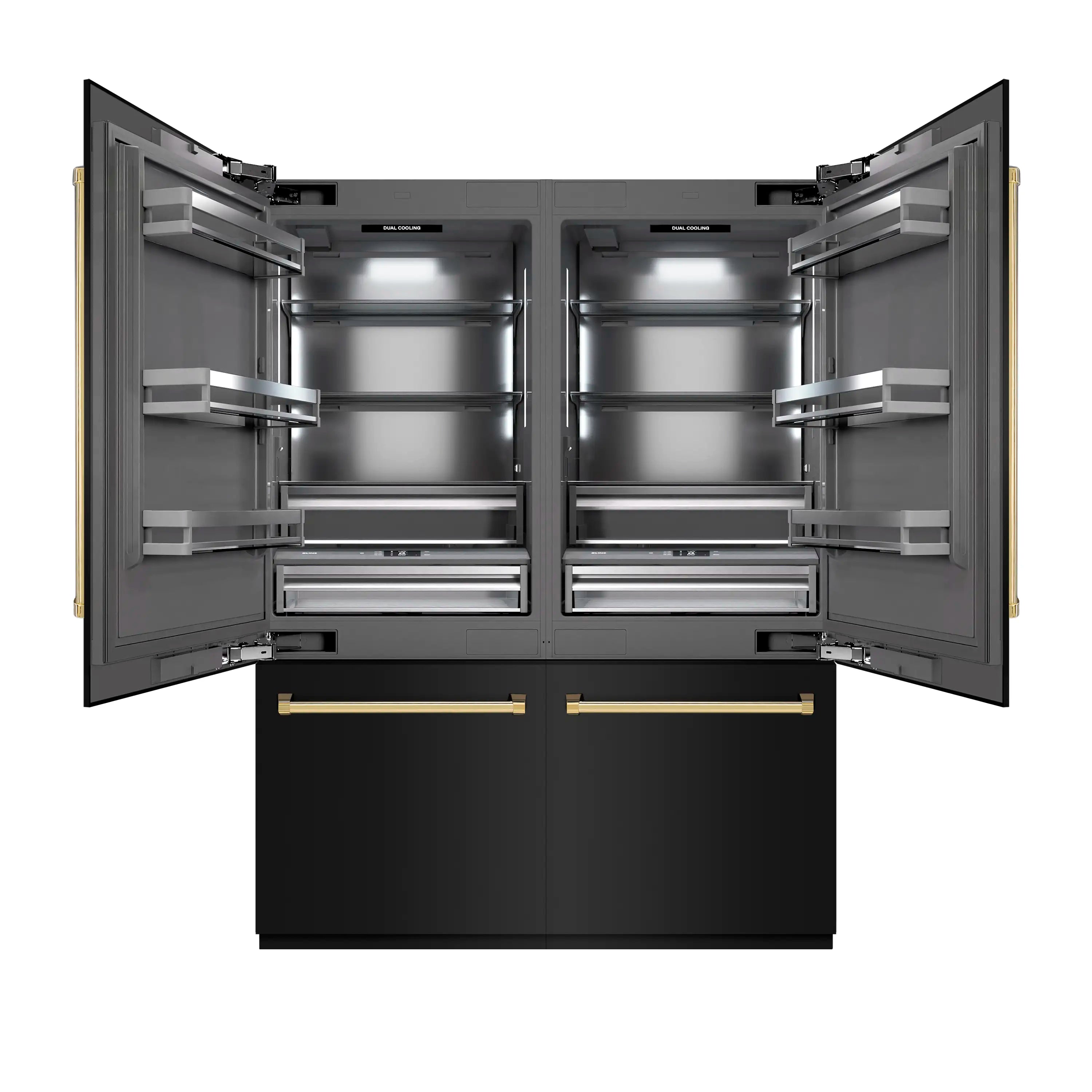 Black stainless French door refrigerator with bottom freezer drawers and gold accent handles