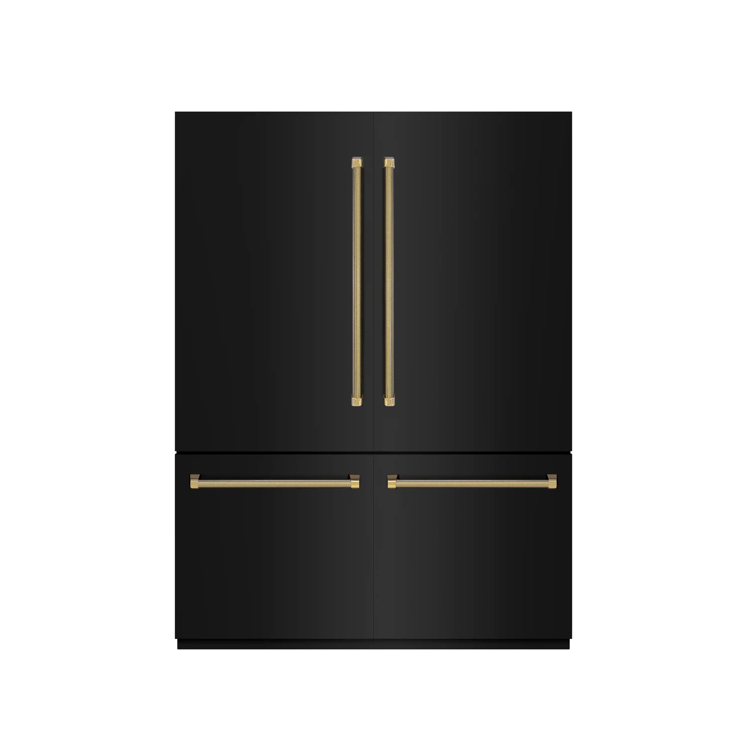 Black built-in refrigerator with two gold bar handles and smooth front doors.