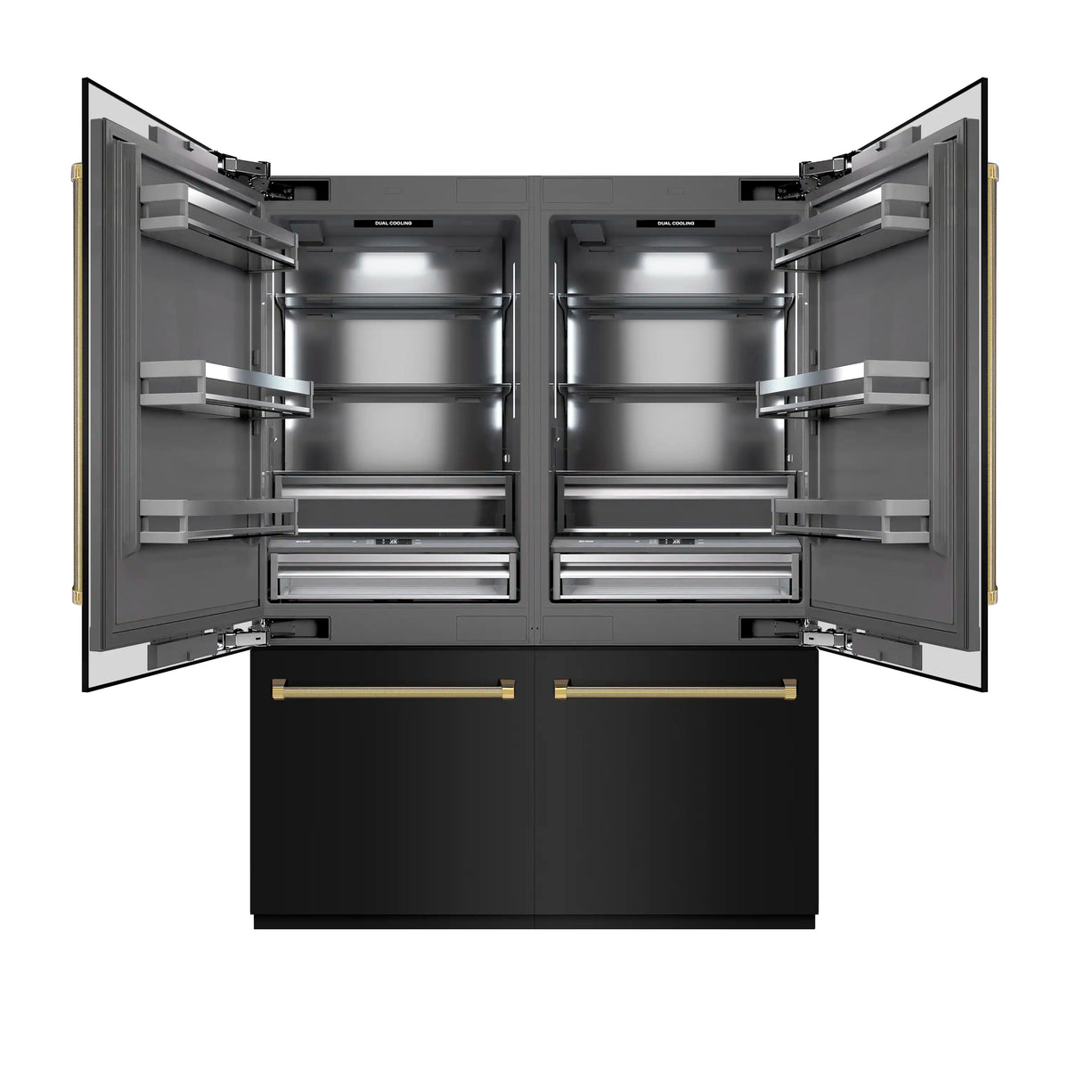 Built-in refrigerator with both doors open, showing gray interior shelves and drawers.