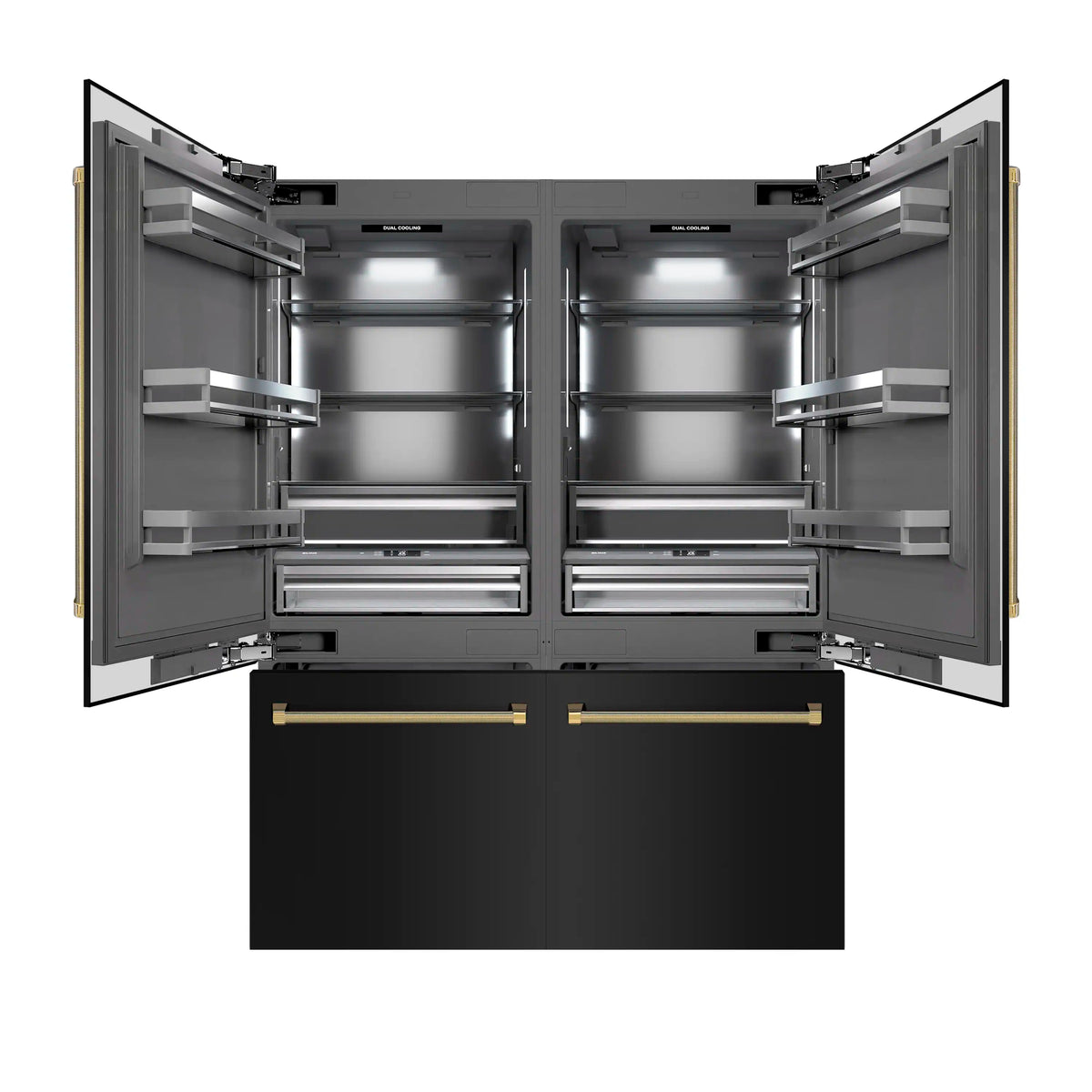 Refrigerator interior with open doors, adjustable gray shelves and pull-out drawers.