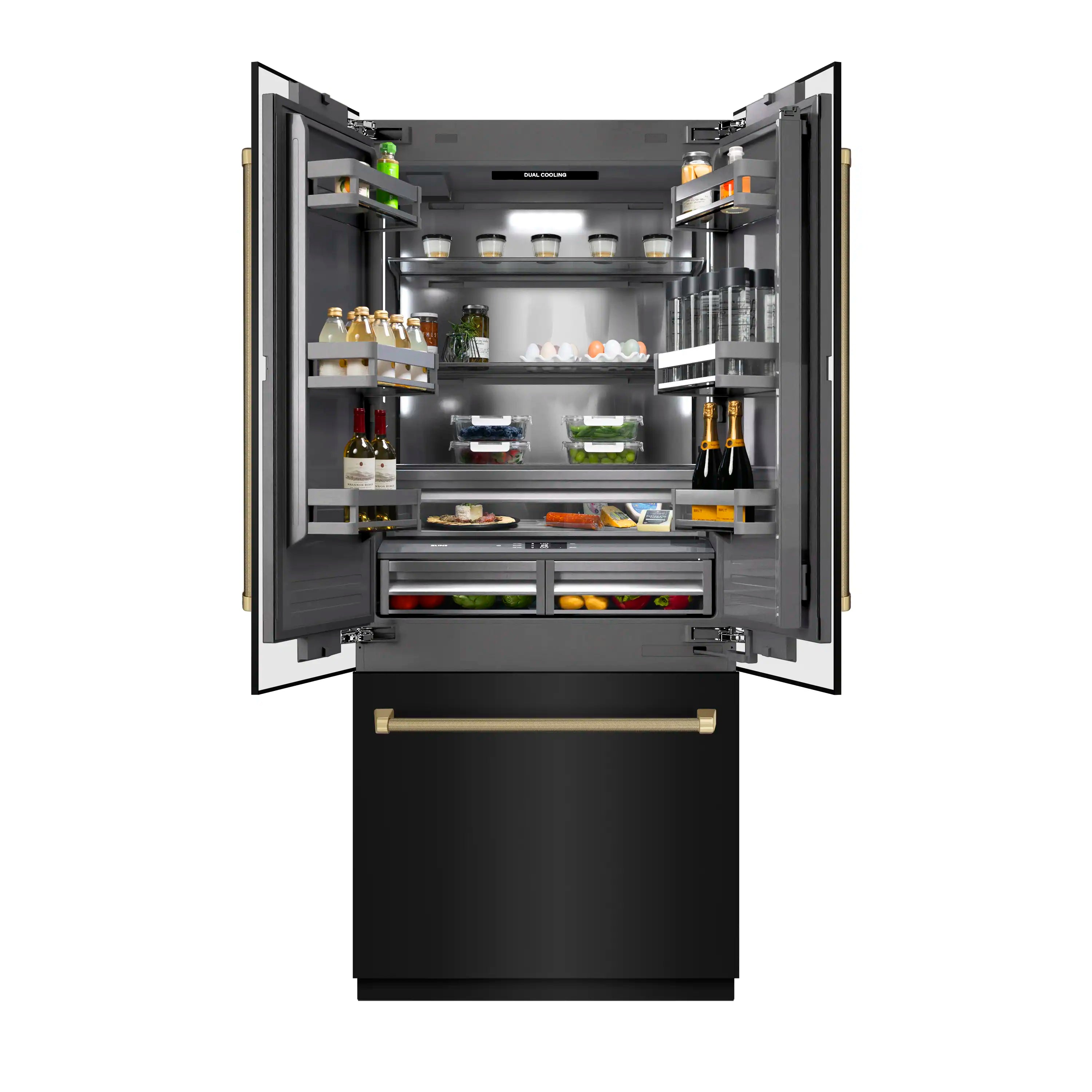 Open French door refrigerator showing gray interior shelves, bins, and drawers with bronze handles