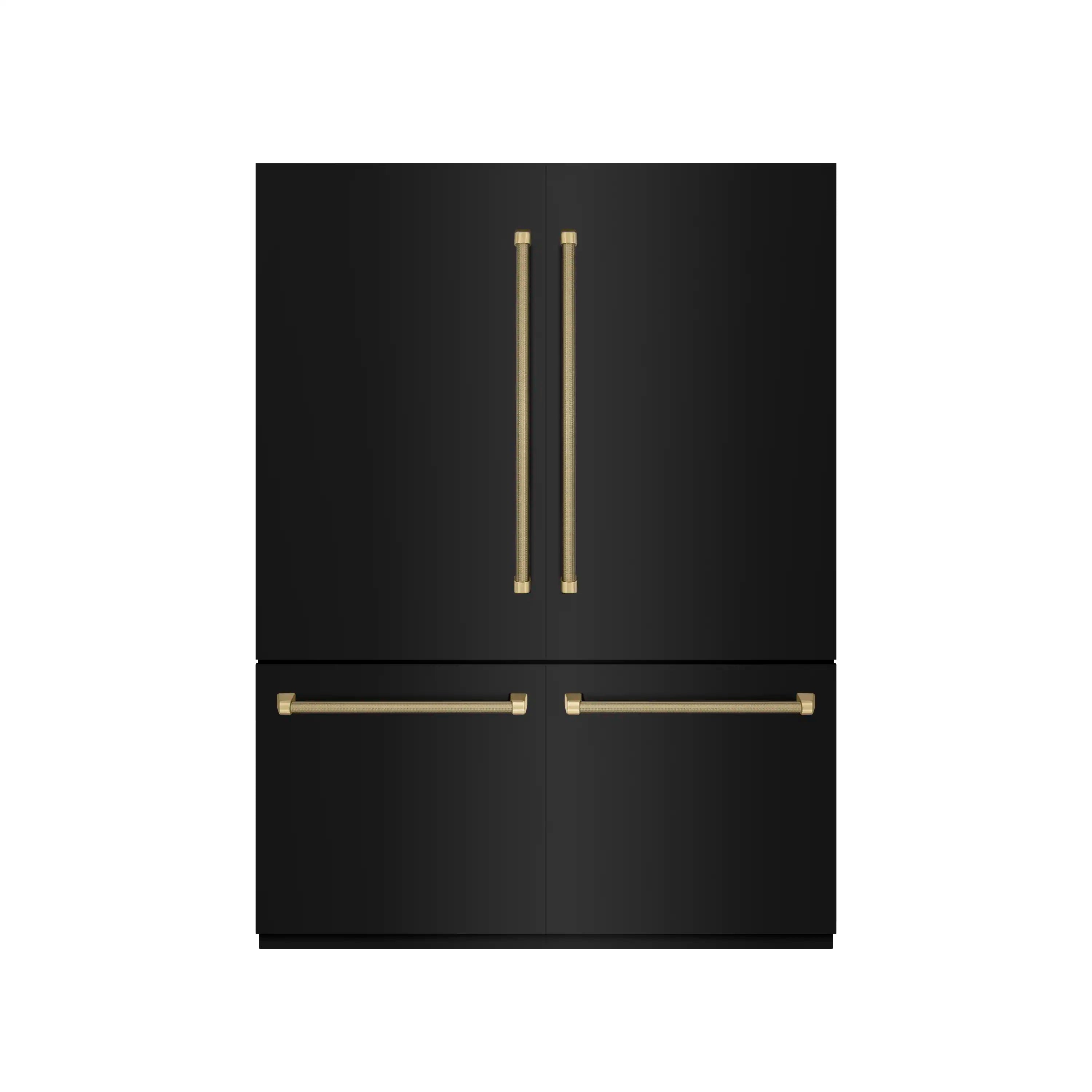 Black refrigerator doors with bronze helix handles and dual-door layout